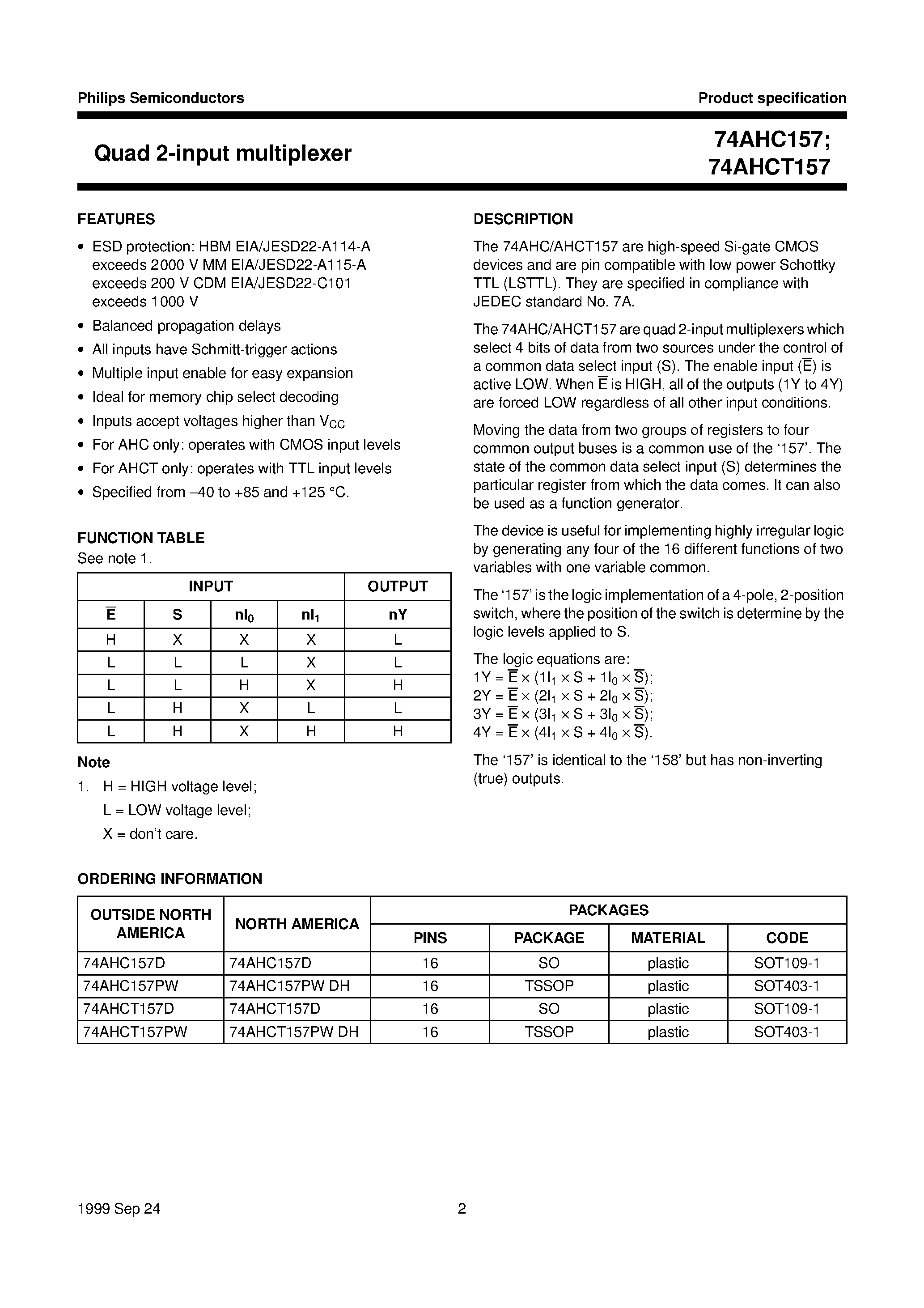 Datasheet 74AHC157D page 2 Datasheet 74AHC157D - Quad 2-input multiplexer page 2