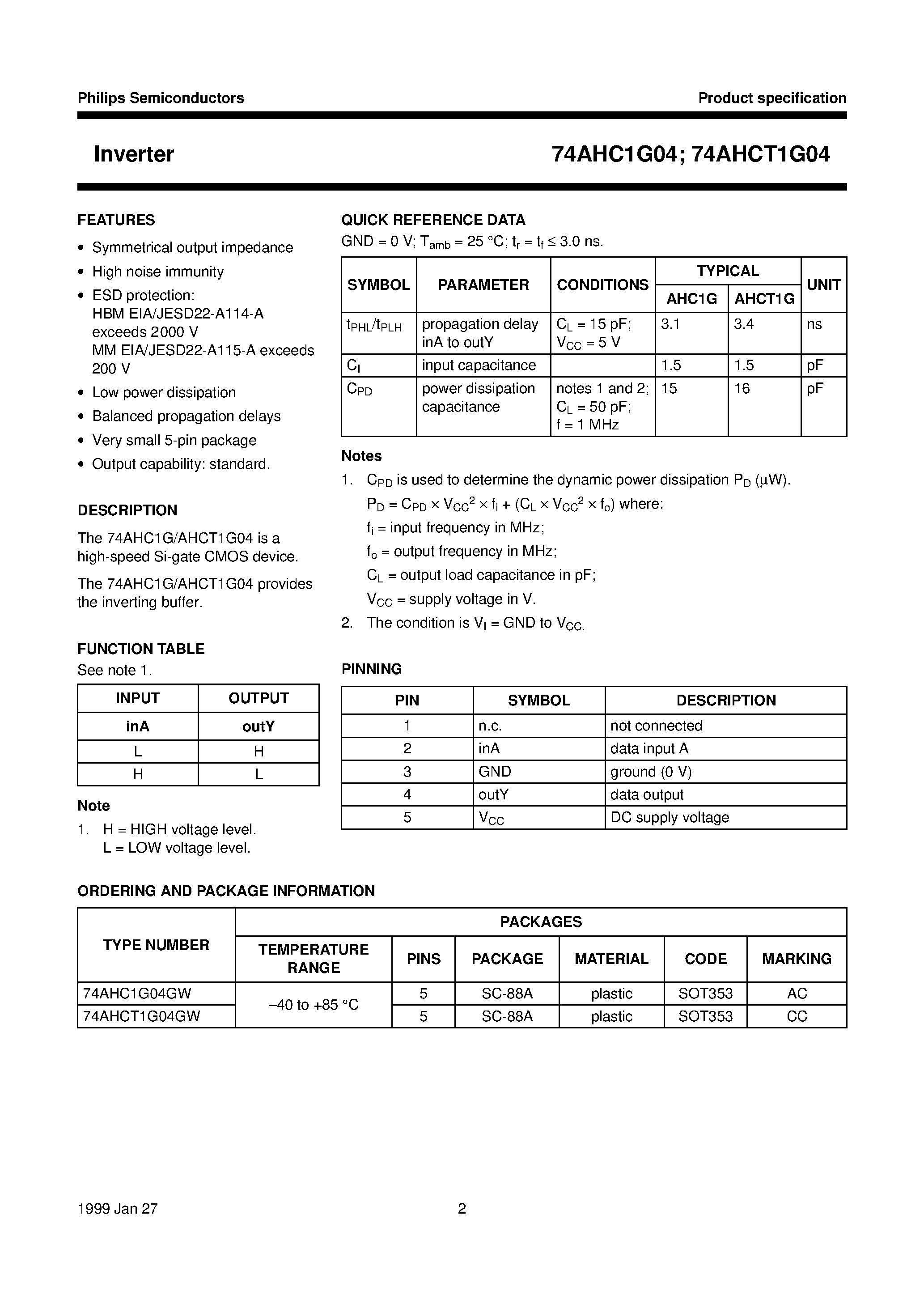 Datasheet 74AHC1G04 page 2 Datasheet 74AHC1G04 - Inverter page 2