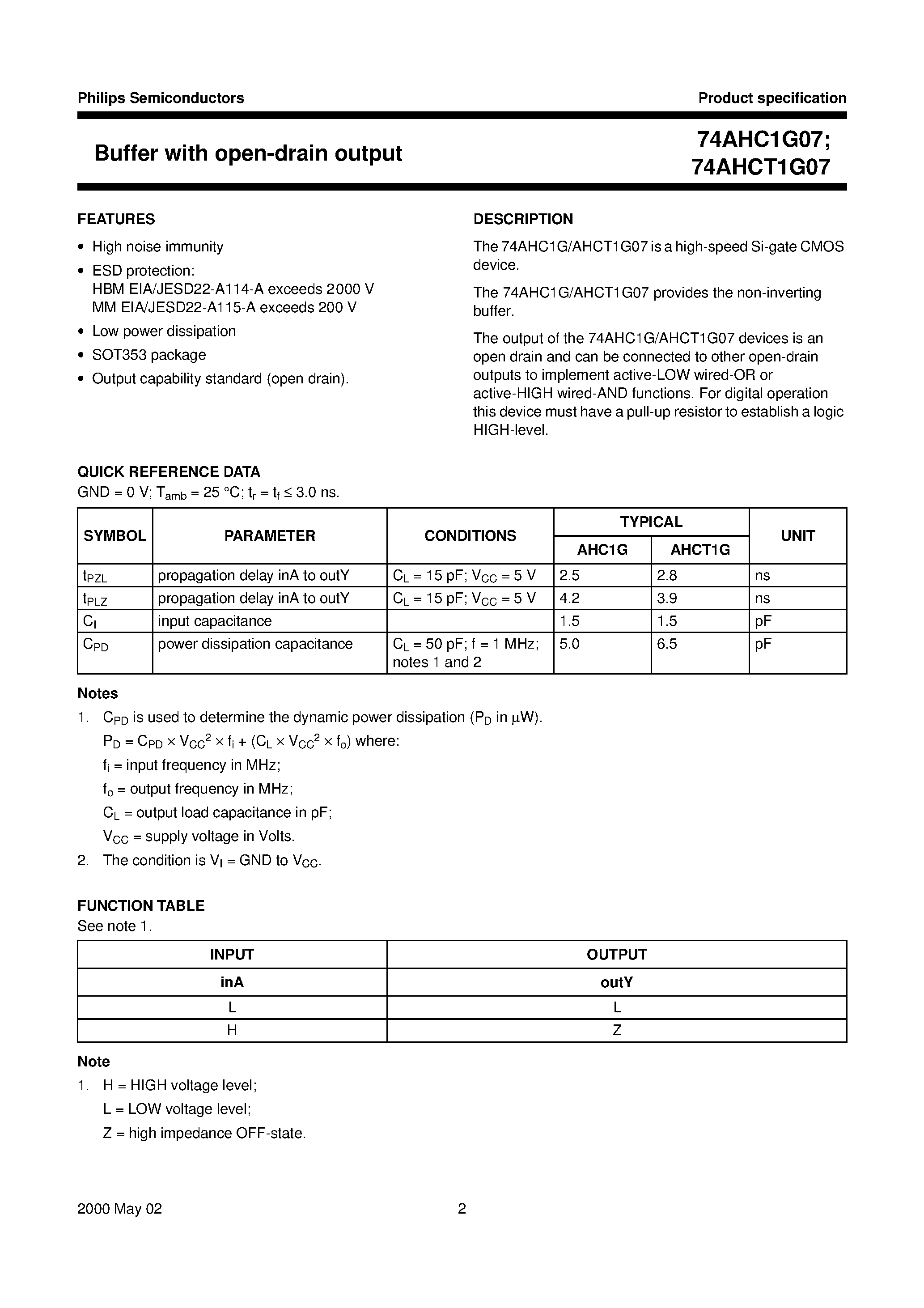 Datasheet 74AHC1G07 page 2 Datasheet 74AHC1G07 - Buffer with open-drain output page 2
