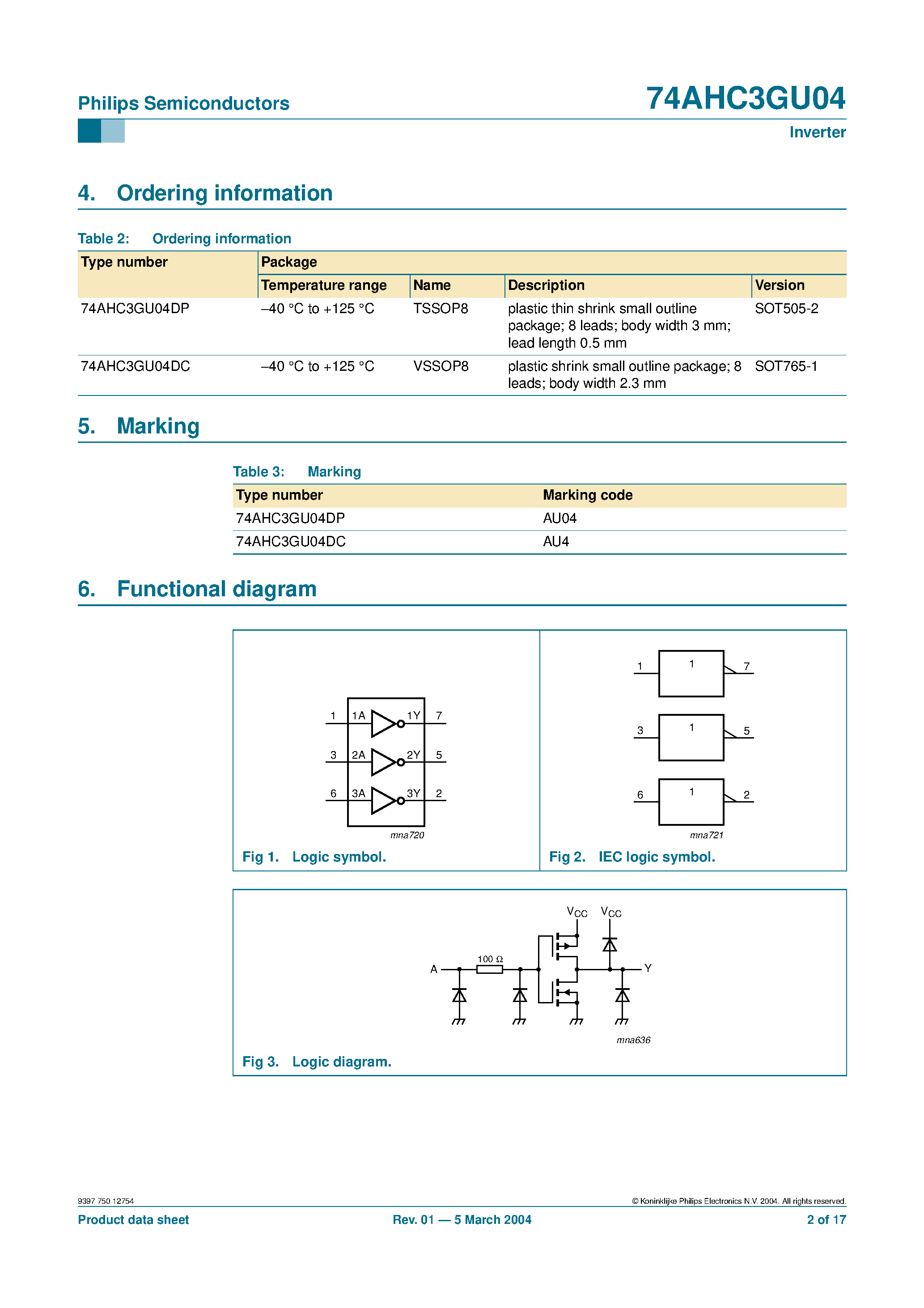 Даташит 74AHC3GU04DC - high-speed Si-gate CMOS device страница 2