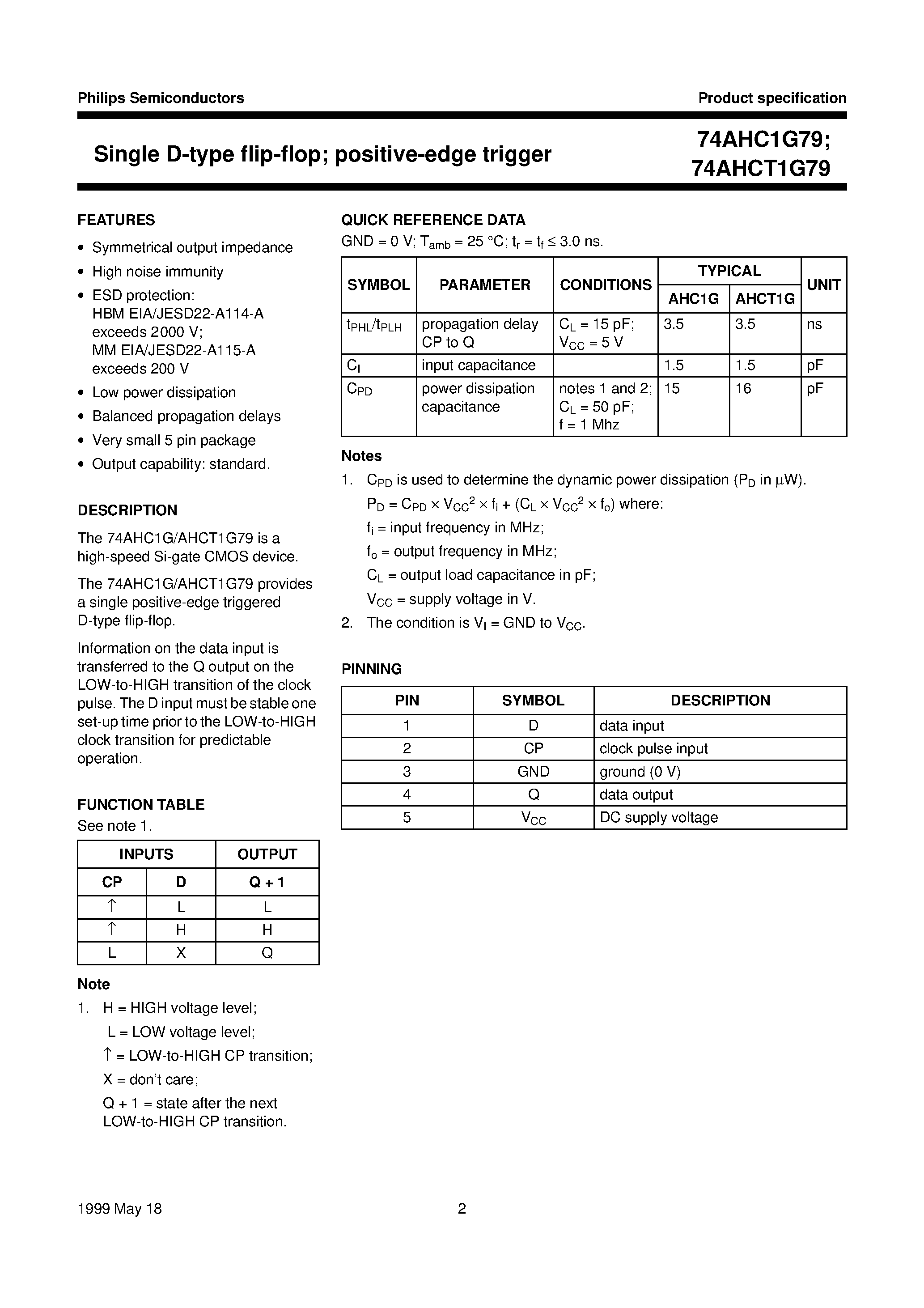 Datasheet 74AHCT1G79GW - Single D-type flip-flop; positive-edge trigger page 2