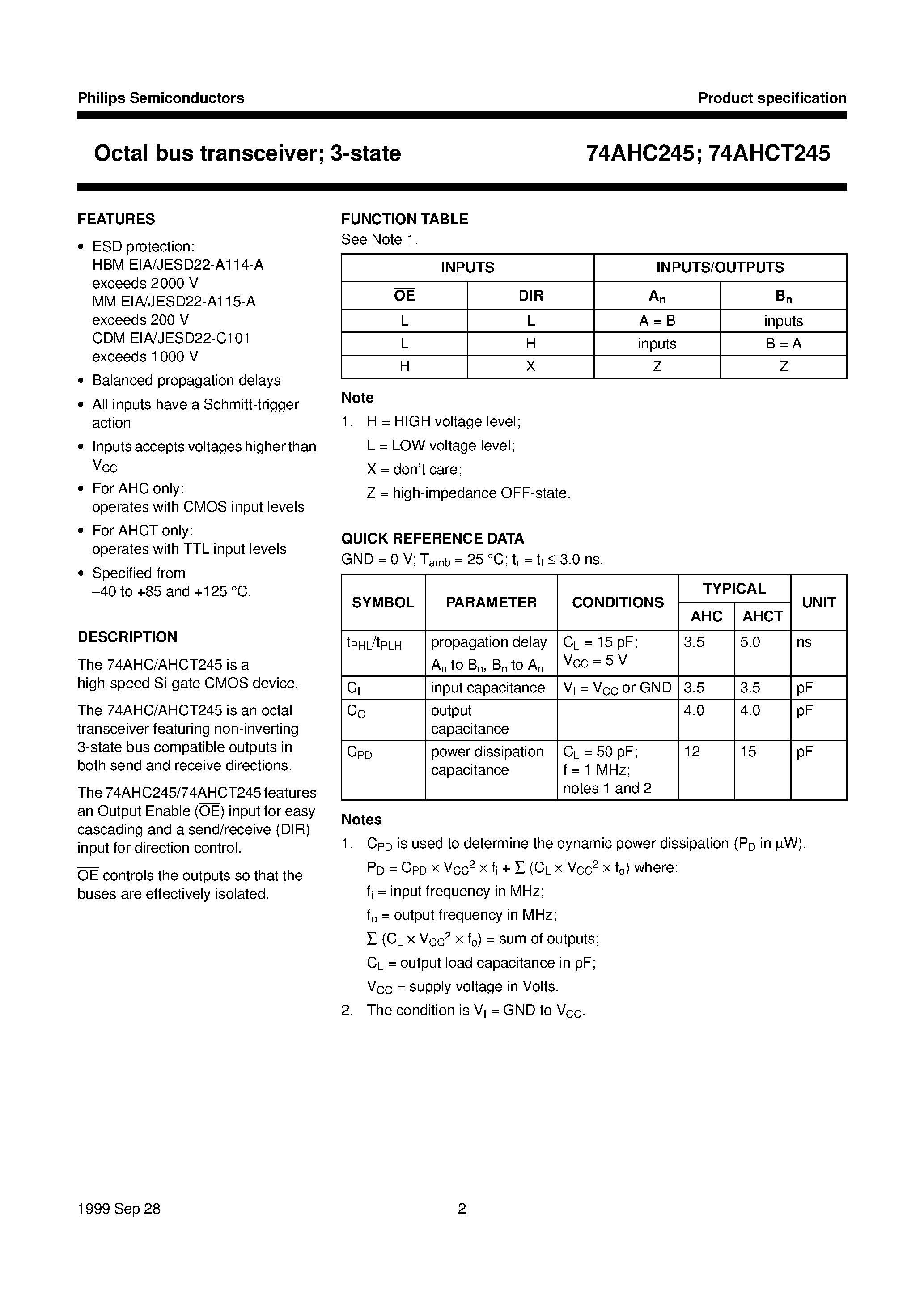 Datasheet 74AHCT245 page 2 Datasheet 74AHCT245 - Octal bus transceiver; 3-state page 2