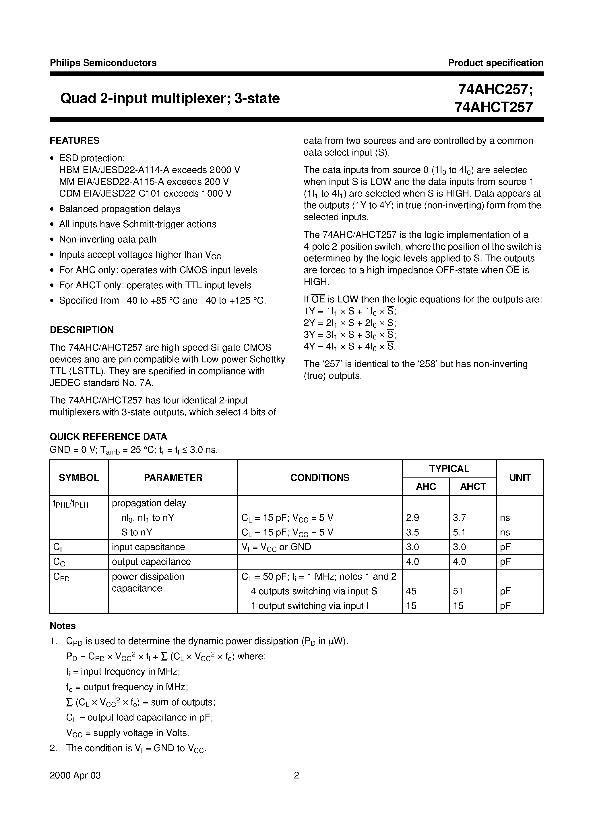 Datasheet 74AHCT257D page 2 Datasheet 74AHCT257D - Quad 2-input multiplexer; 3-state page 2