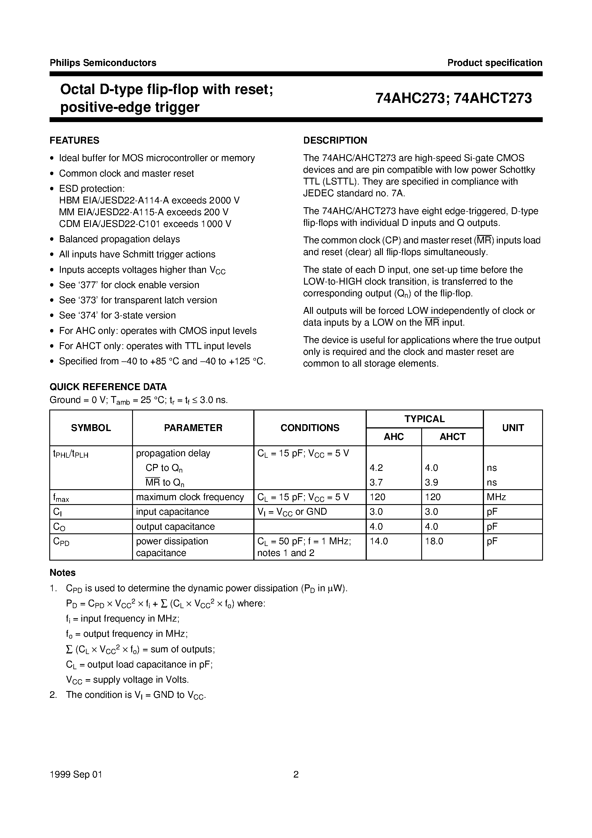 Datasheet 74AHCT273D - Octal D-type flip-flop with reset; positive-edge trigger page 2