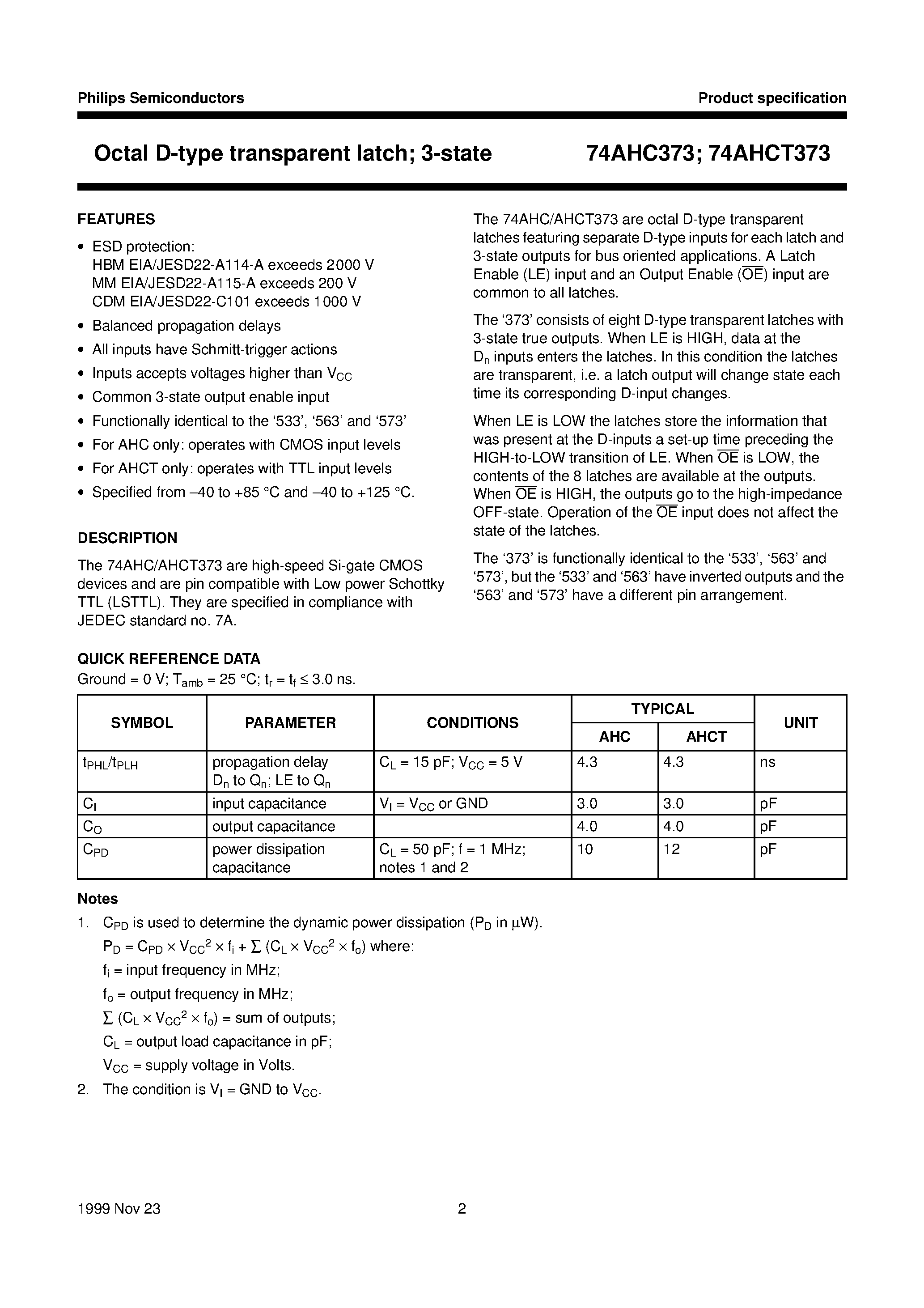 Datasheet 74AHCT373 - Octal D-type transparent latch; 3-state page 2