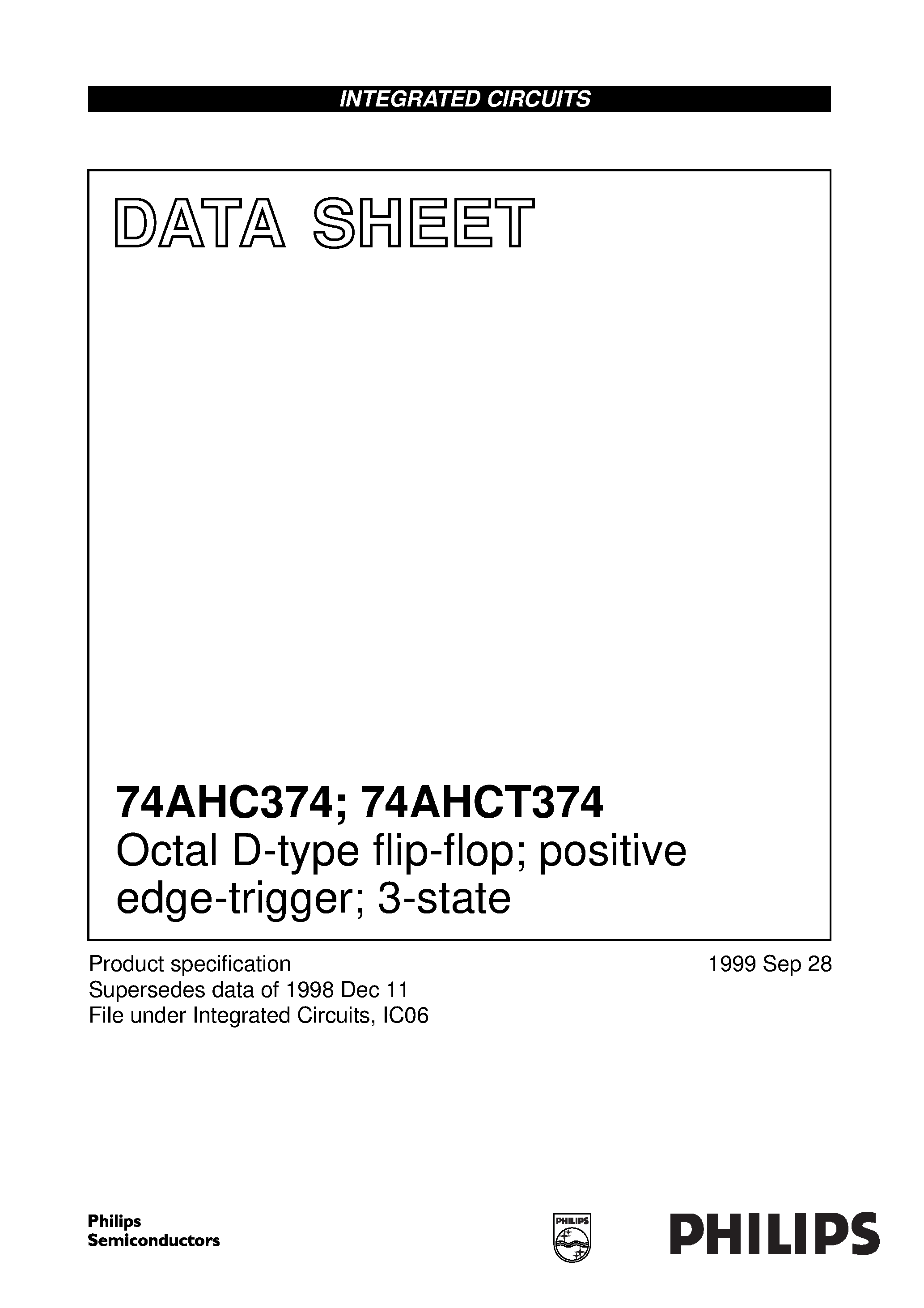 Даташит 74AHCT374 - Octal D-type flip-flop; positive edge-trigger; 3-state страница 1