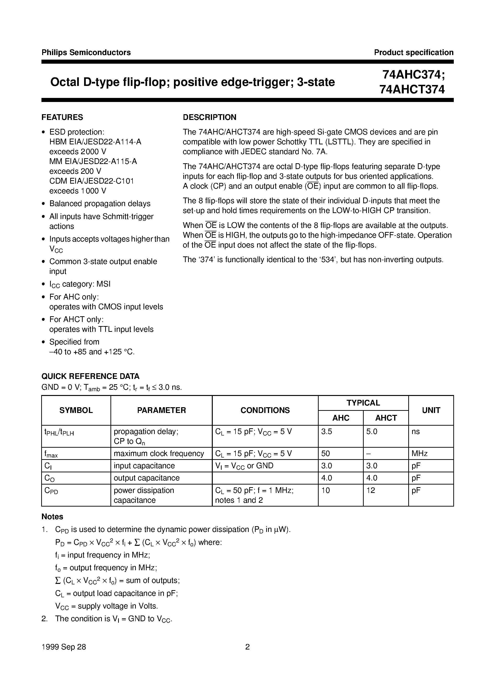 Datasheet 74AHCT374PW - Octal D-type flip-flop; positive edge-trigger; 3-state page 2