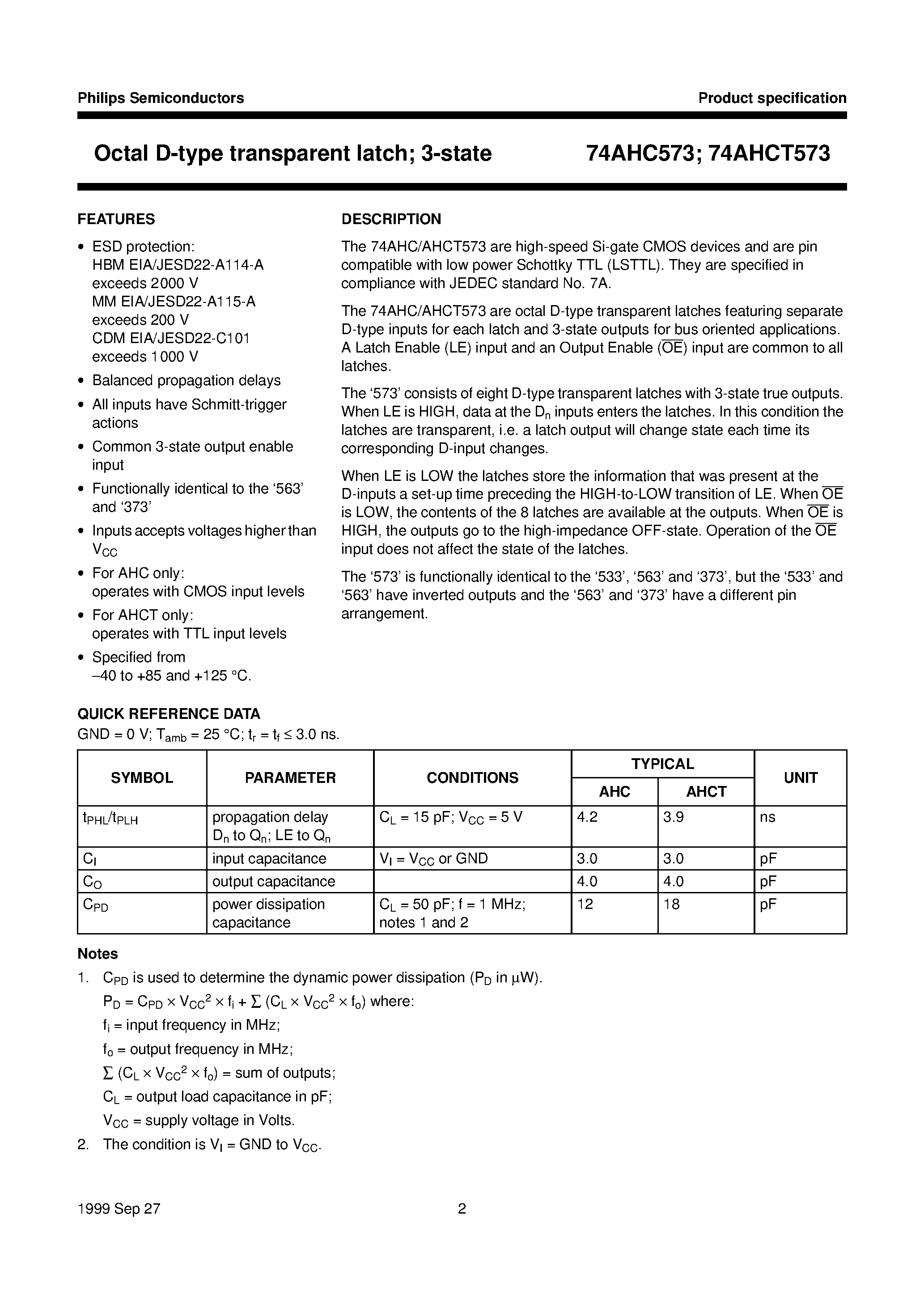 Datasheet 74AHCT573D page 2 Datasheet 74AHCT573D - Octal D-type transparent latch; 3-state page 2