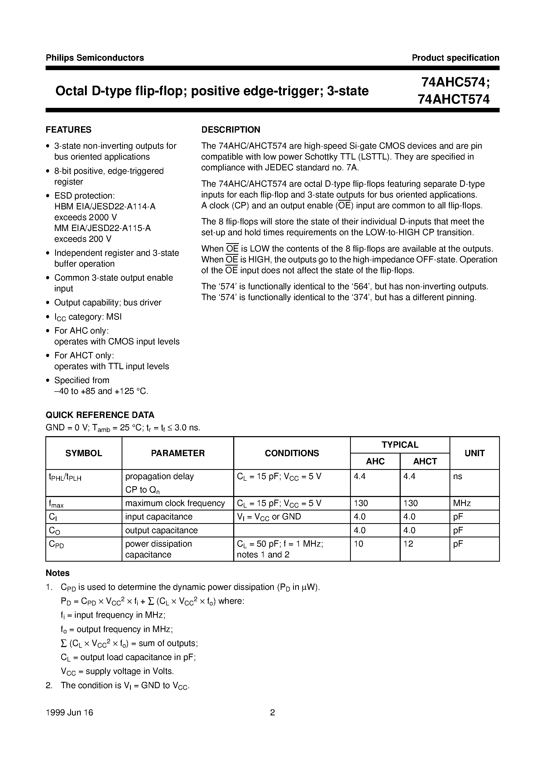 Datasheet 74AHCT574D - Octal D-type flip-flop; positive edge-trigger; 3-state page 2