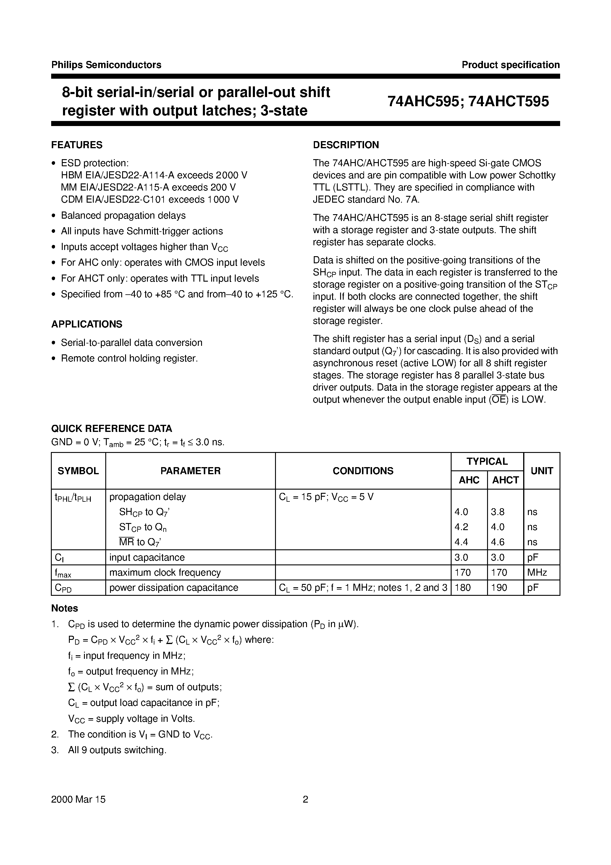 Datasheet 74AHCT595 page 2 Datasheet 74AHCT595 - 8-bit serial-in/serial or parallel-out shift register with output latches; 3-state page 2