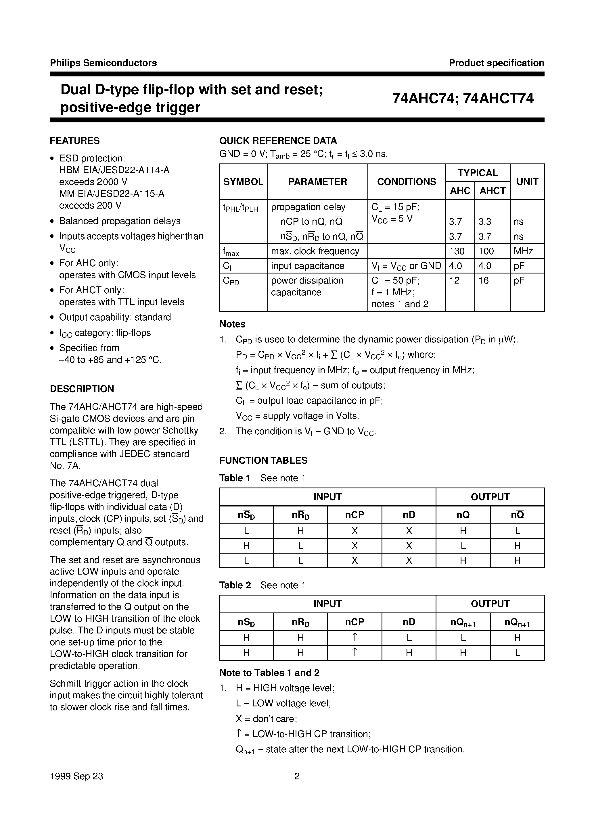 Datasheet 74AHCT74PW - Dual D-type flip-flop with set and reset; positive-edge trigger page 2