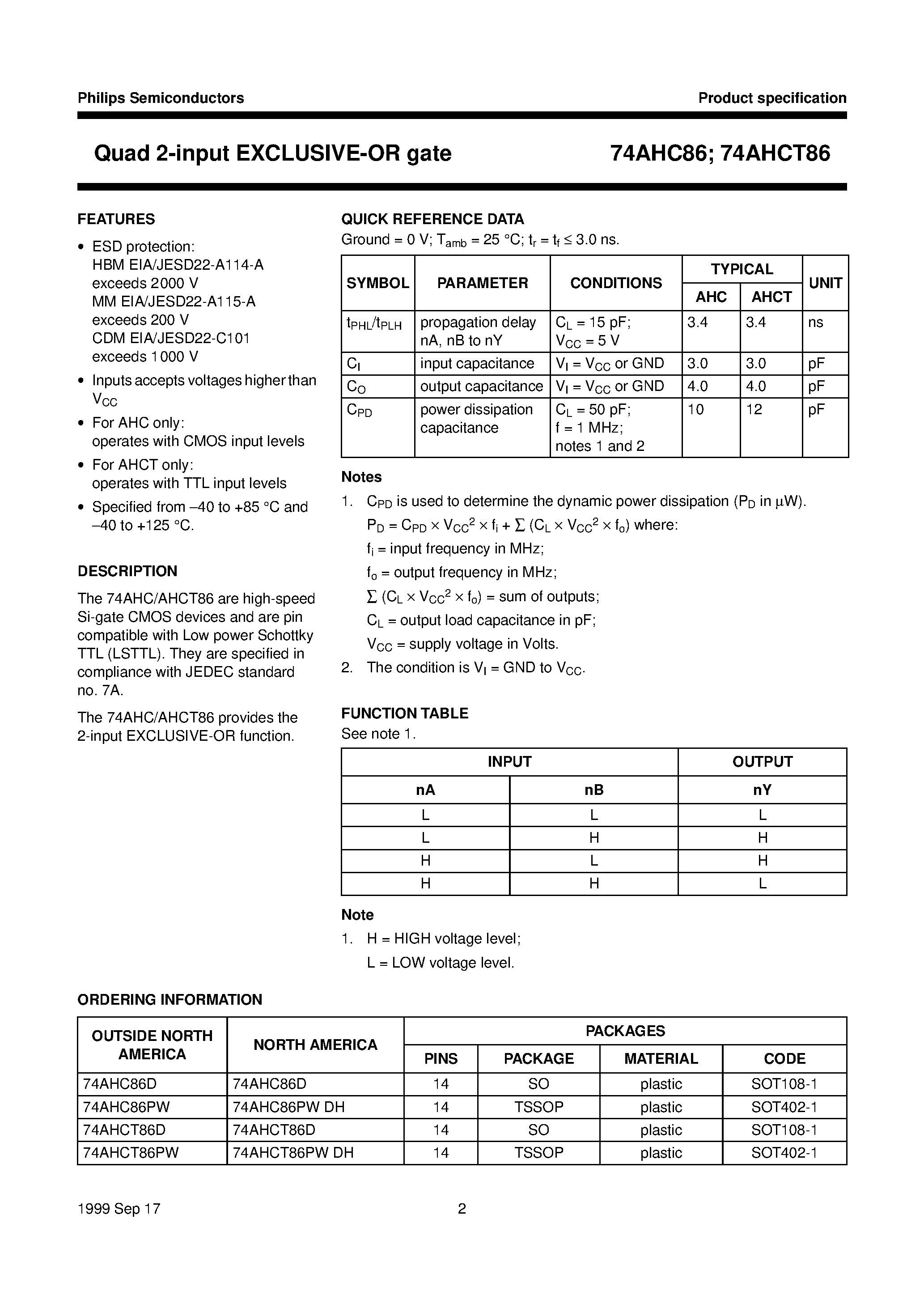 Datasheet 74AHCT86 - Quad 2-input EXCLUSIVE-OR gate page 2
