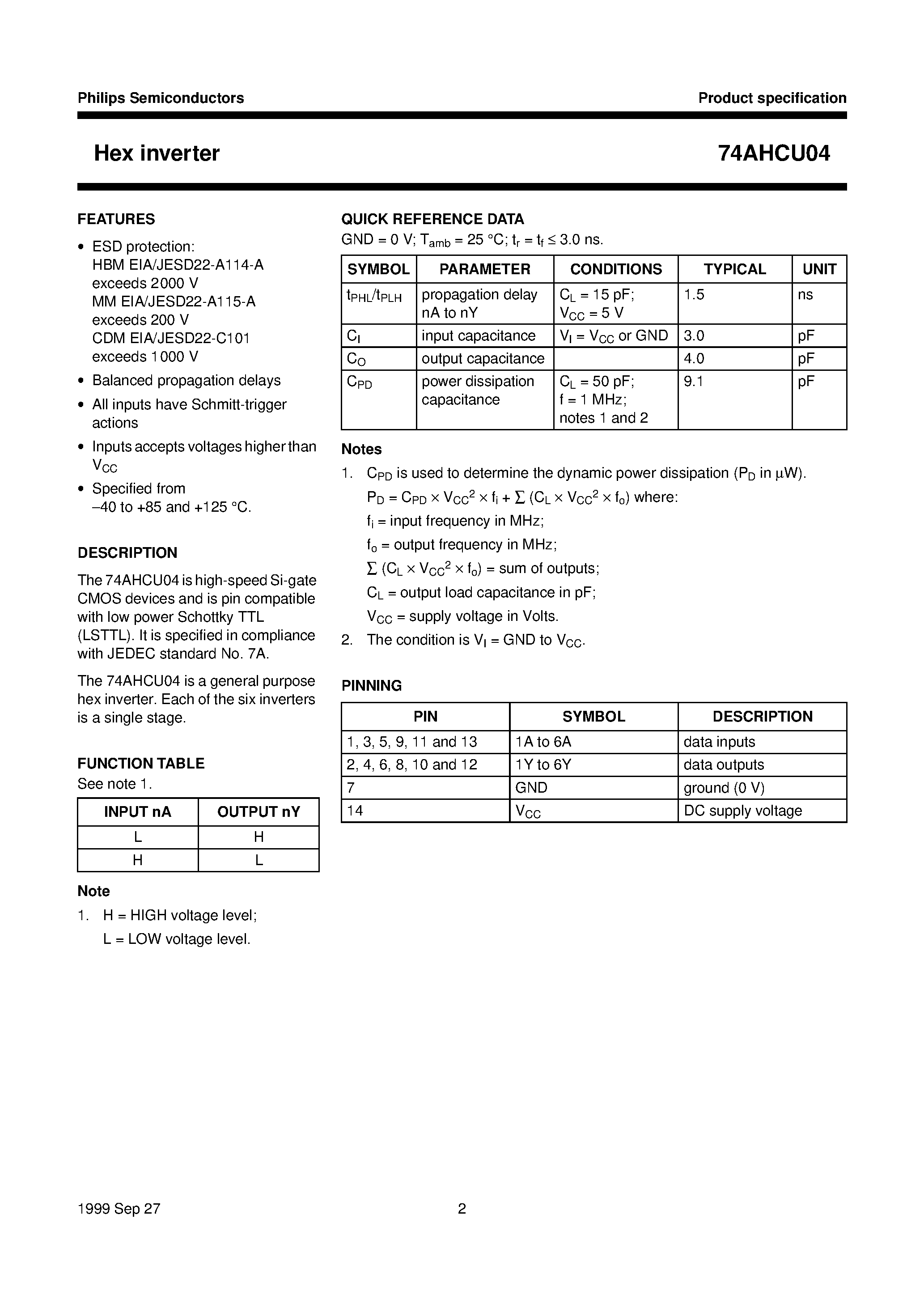 Datasheet 74AHCU04 - Hex inverter page 2