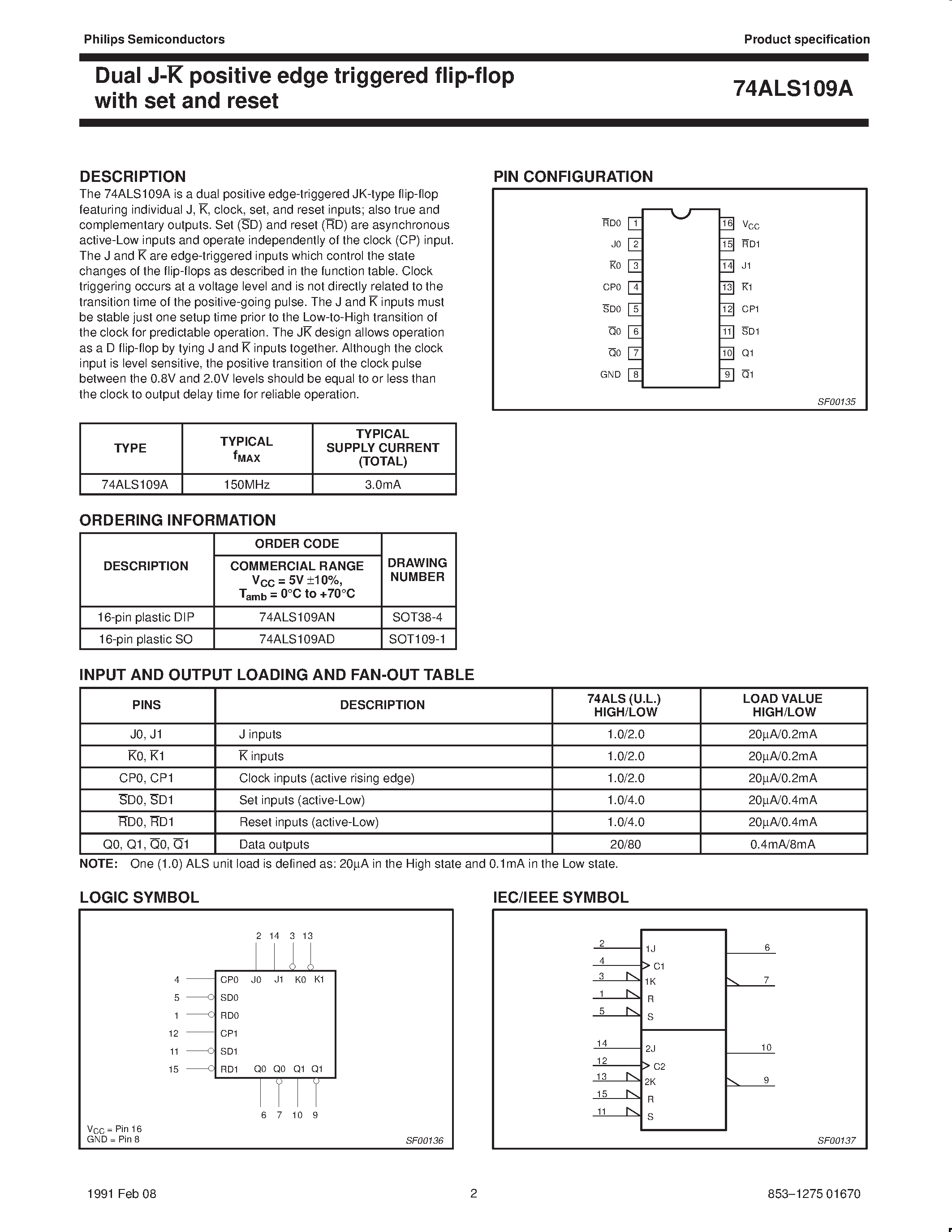Datasheet 74ALS109A page 2 Datasheet 74ALS109A - Dual J-K positive edge-triggered flip-flop with set and reset page 2