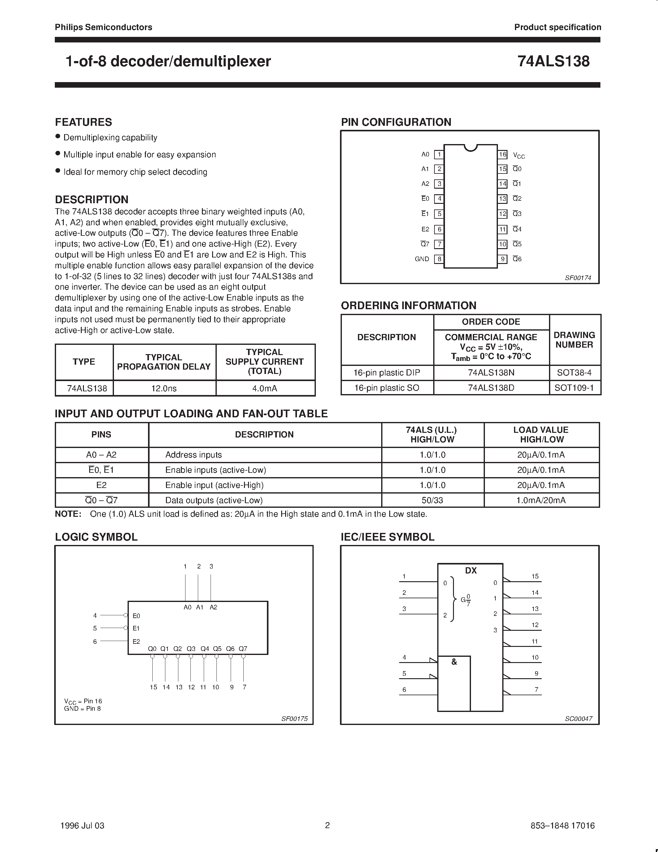 Даташит 74ALS138N - 1-of-8 decoder/demultiplexer страница 2