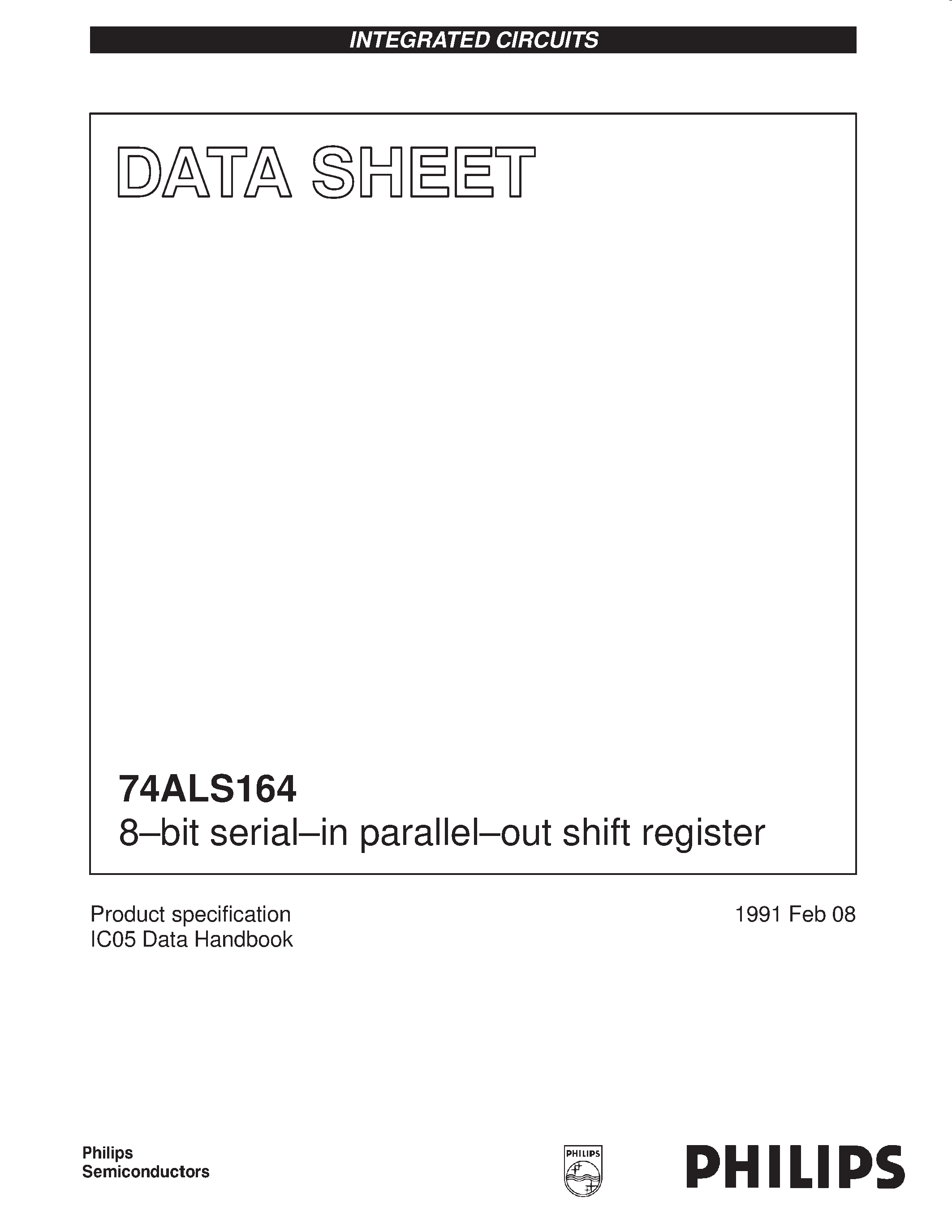 Даташит на микросхему 74ALS164D страница 1 Даташит 74ALS164D - 8-bit serial-in parallel-out shift register страница 1