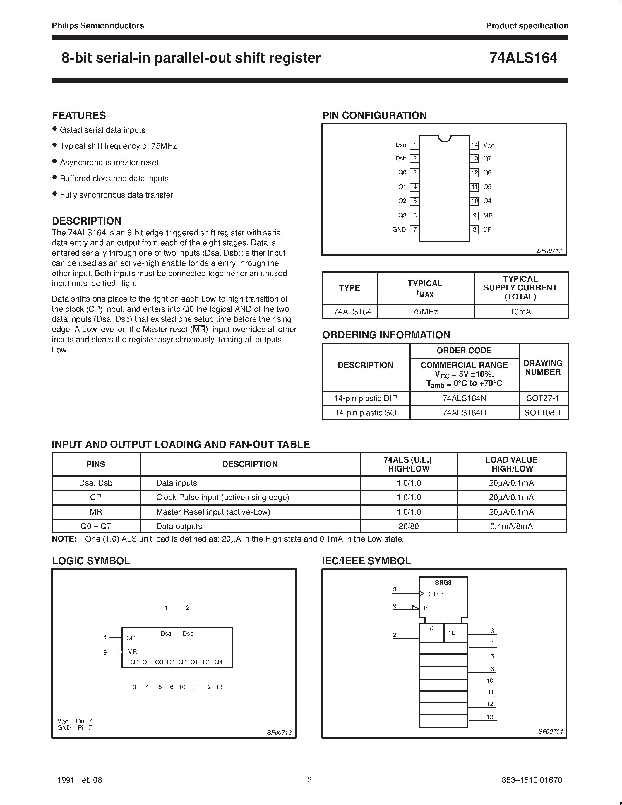 Даташит на микросхему 74ALS164N страница 2 Даташит 74ALS164N - 8-bit serial-in parallel-out shift register страница 2