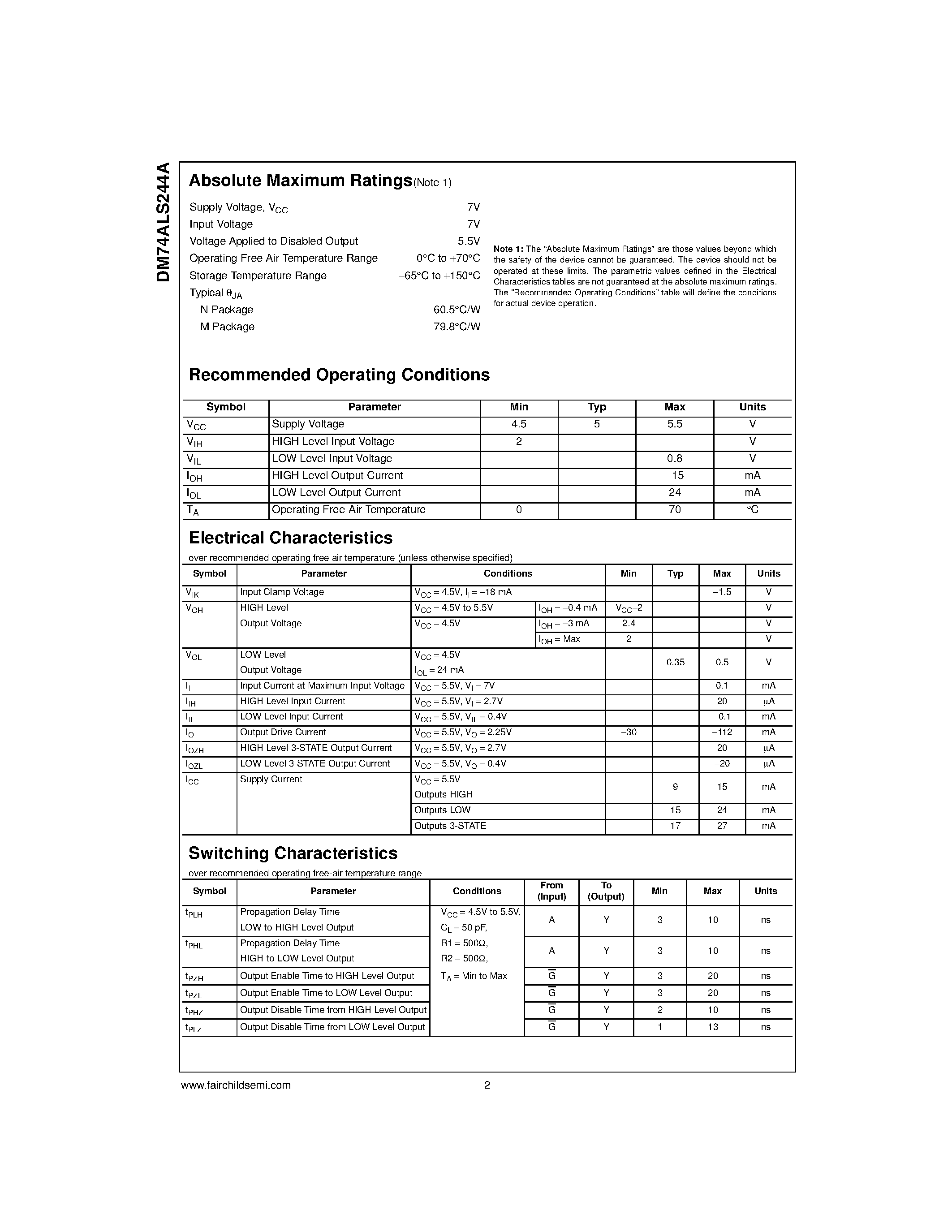 Datasheet 74ALS244 - Octal 3-STATE Bus Driver page 2
