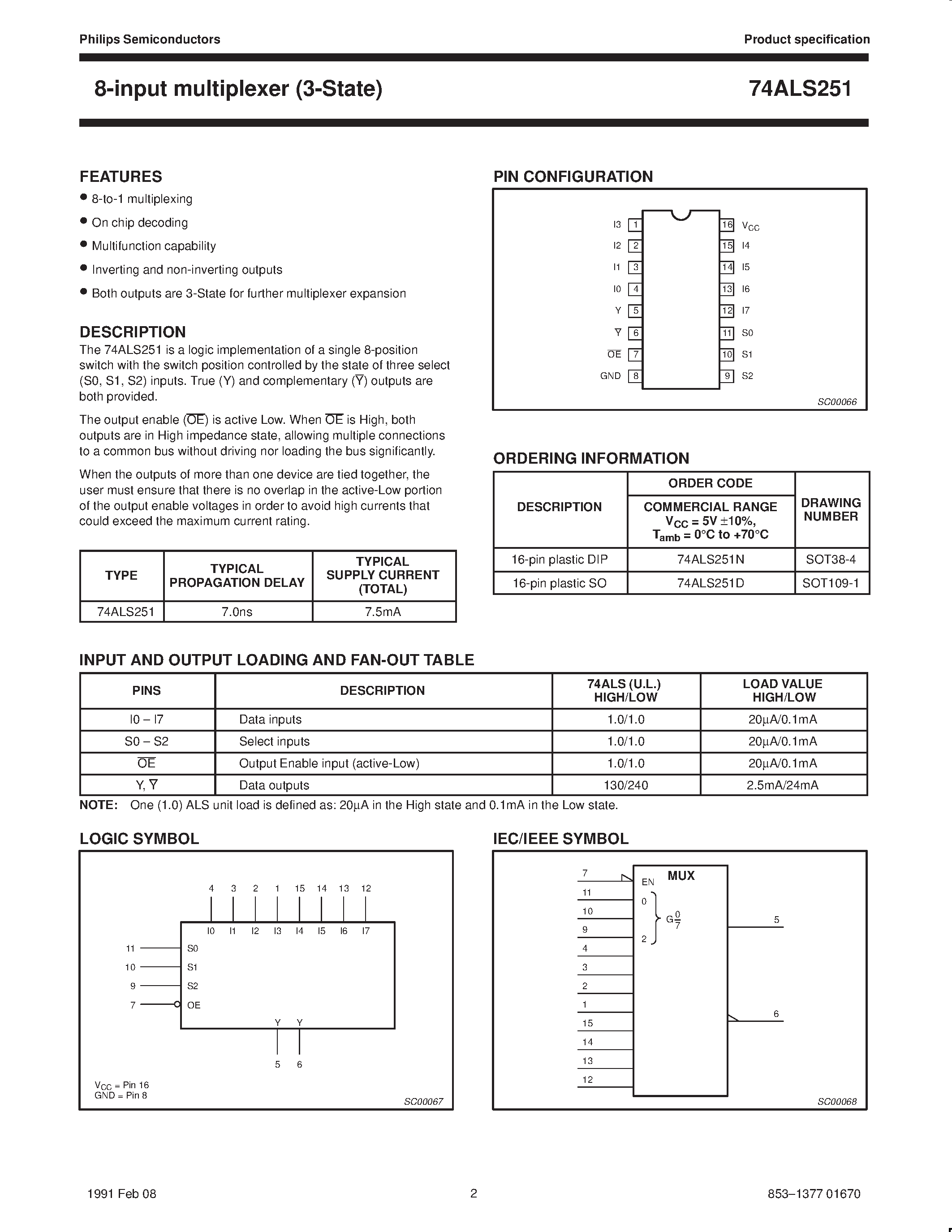Datasheet 74ALS251 page 2 Datasheet 74ALS251 - 8-input multiplexer 3-State page 2