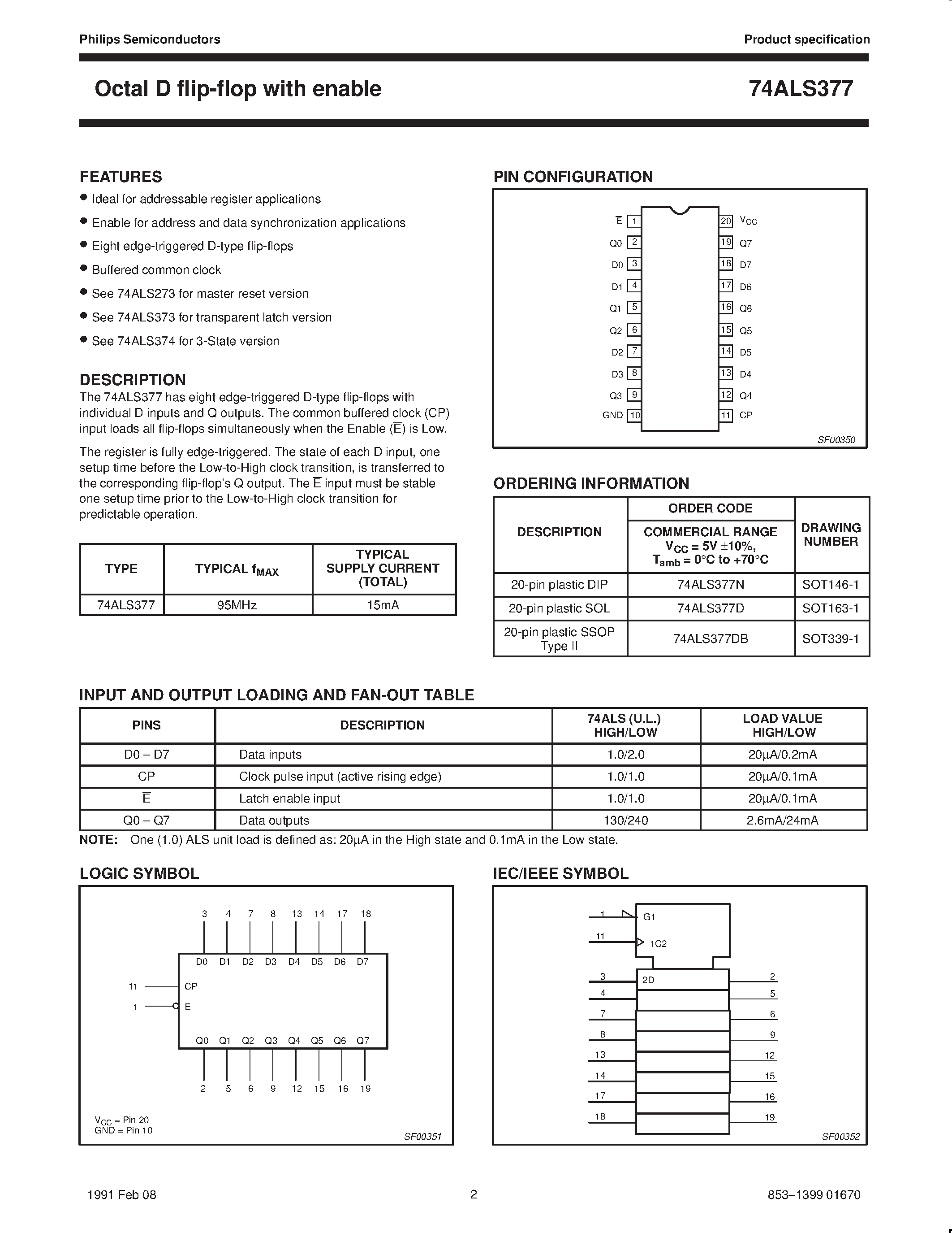 Datasheet 74ALS377N - Octal D flip-flop with enable page 2
