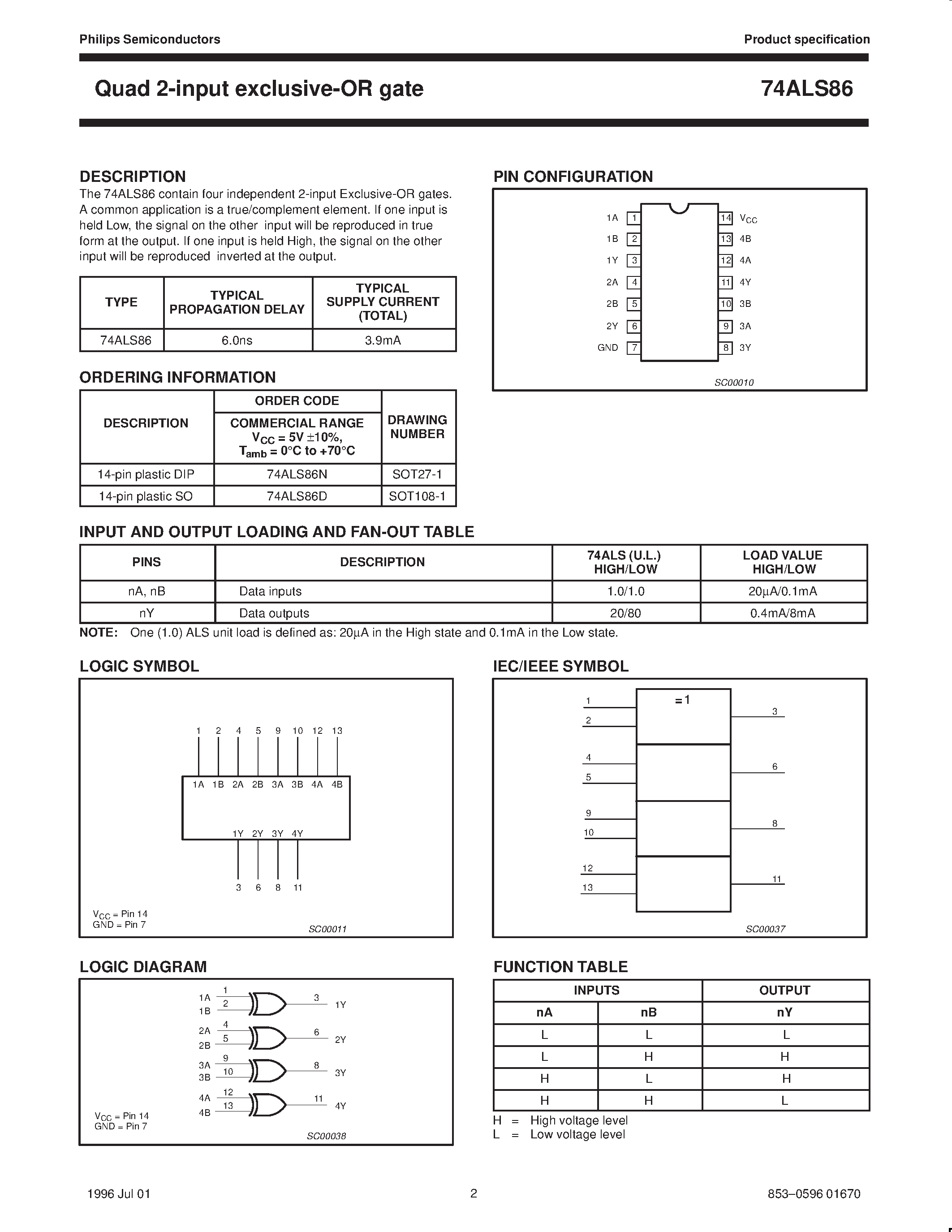Datasheet 74ALS86N - Quad 2-Input exclusive-OR gate page 2