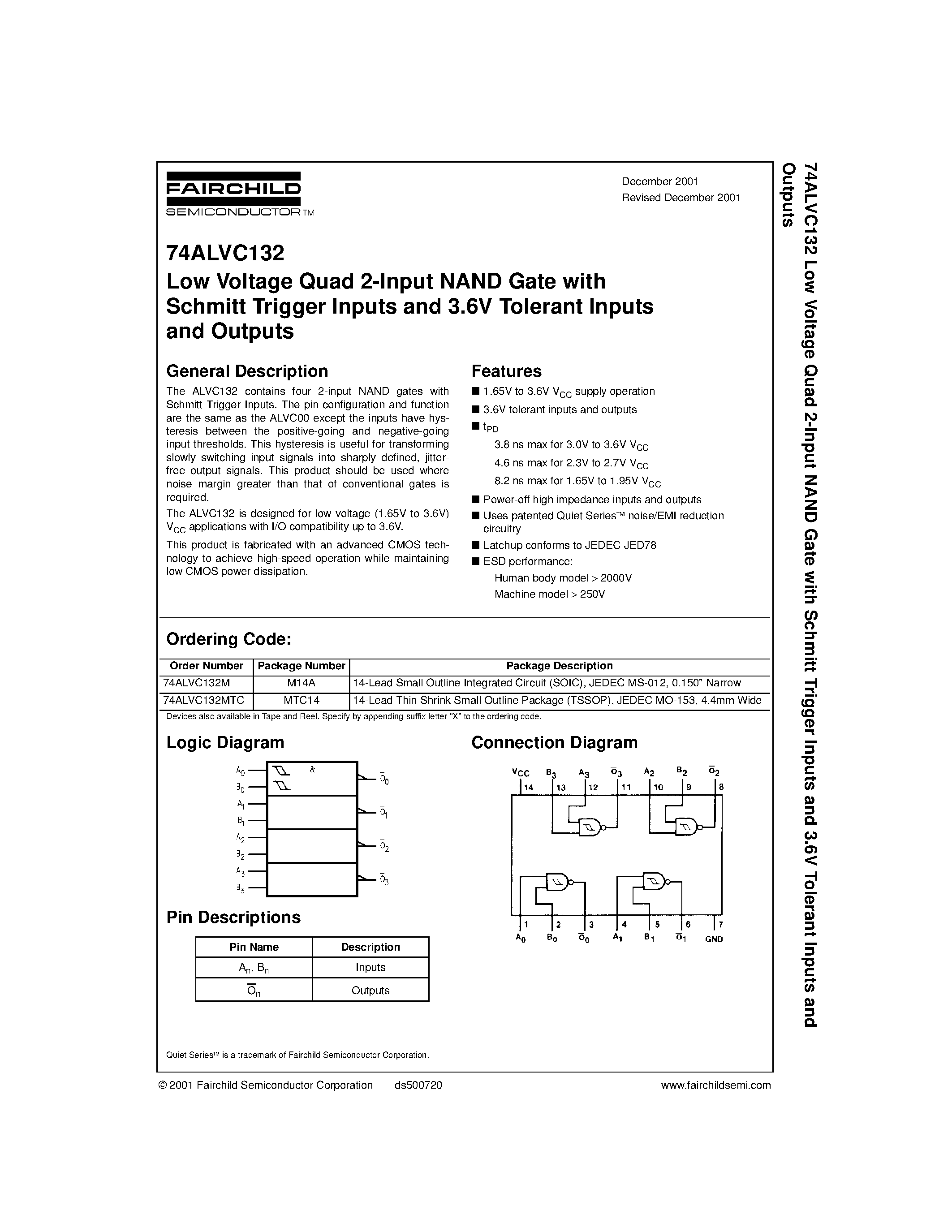 Даташит 74ALVC132 - Low Voltage Quad 2-Input NAND Gate with Schmitt Trigger Inputs and 3.6V Tolerant Inputs and Outputs страница 1