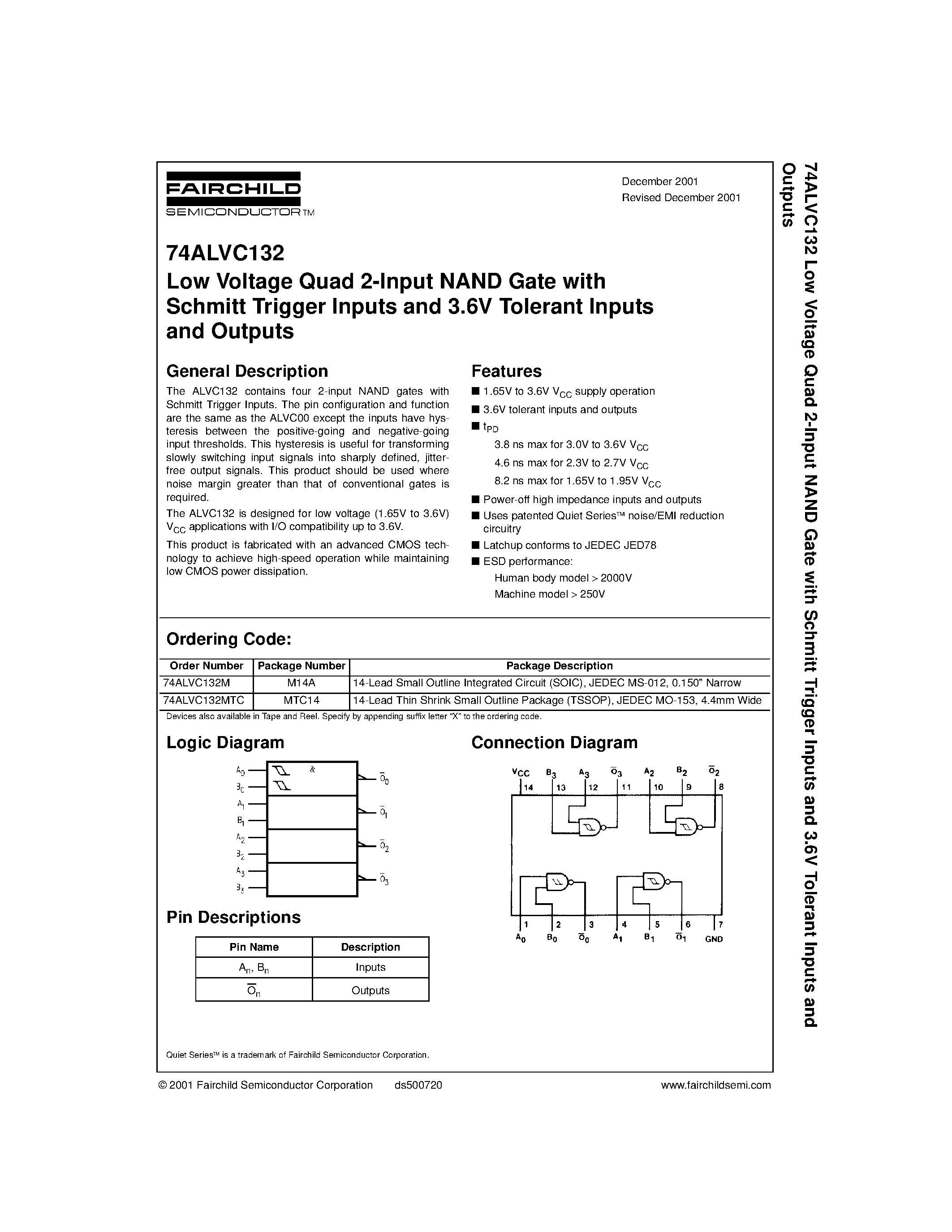 Datasheet 74ALVC132 - Low Voltage Quad 2-Input NAND Gate with Schmitt Trigger Inputs and 3.6V Tolerant Inputs and Outputs page 1