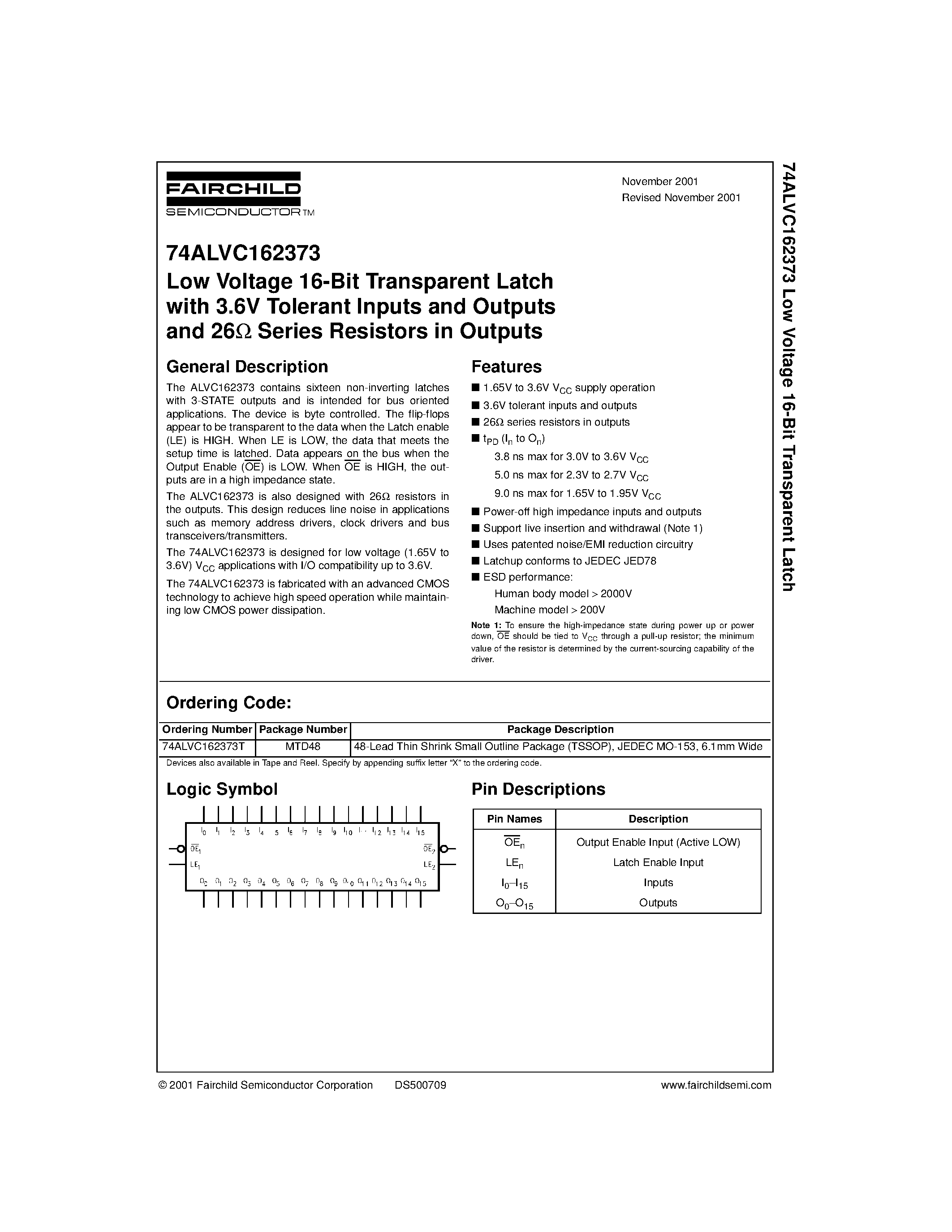 Datasheet 74ALVC162373 - Low Voltage 16-Bit Transparent Latch with 3.6V Tolerant Inputs and Outputs and 26 Series Resistors in Outputs page 1