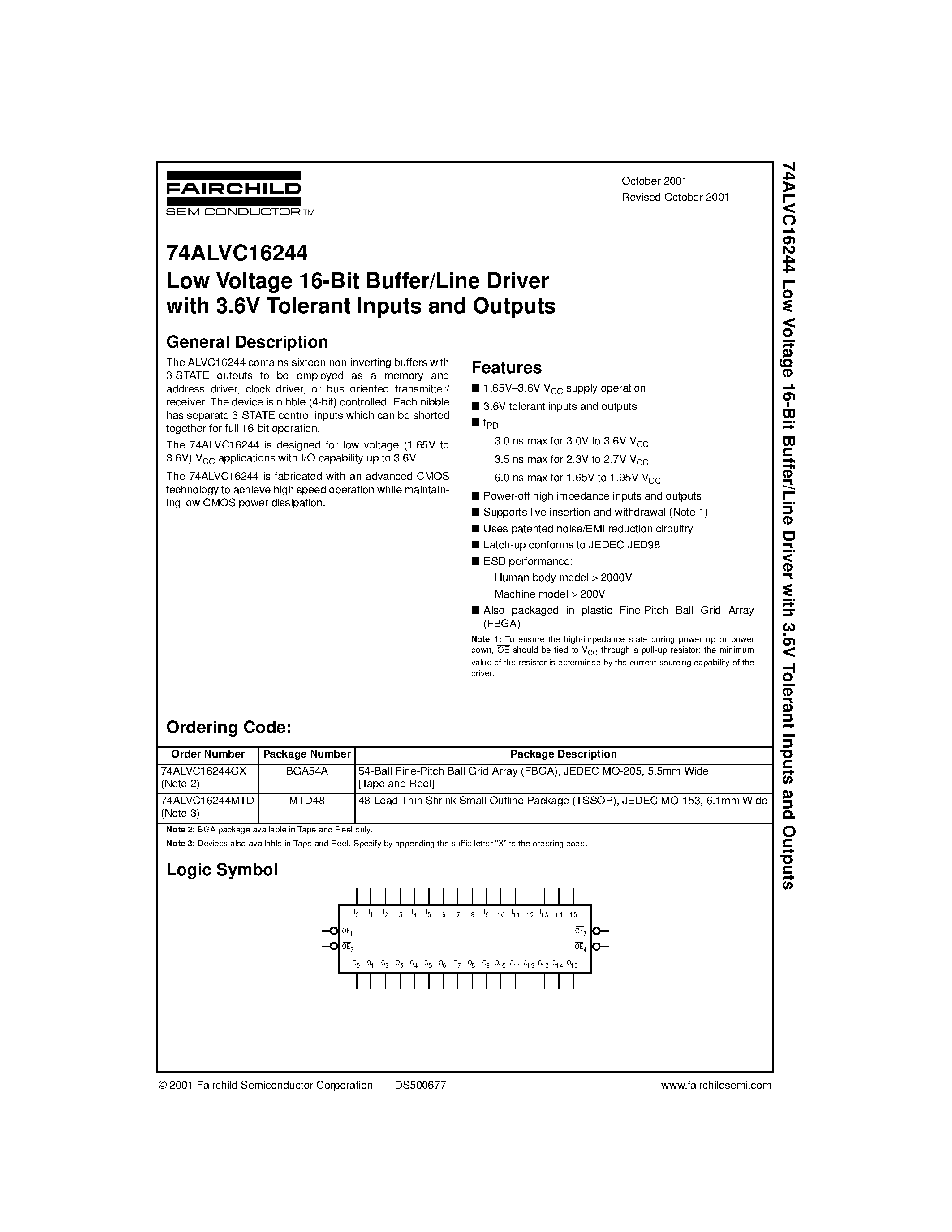 Datasheet 74ALVC16244 - Low Voltage 16-Bit Buffer/Line Driver with 3.6V Tolerant Inputs and Outputs page 1