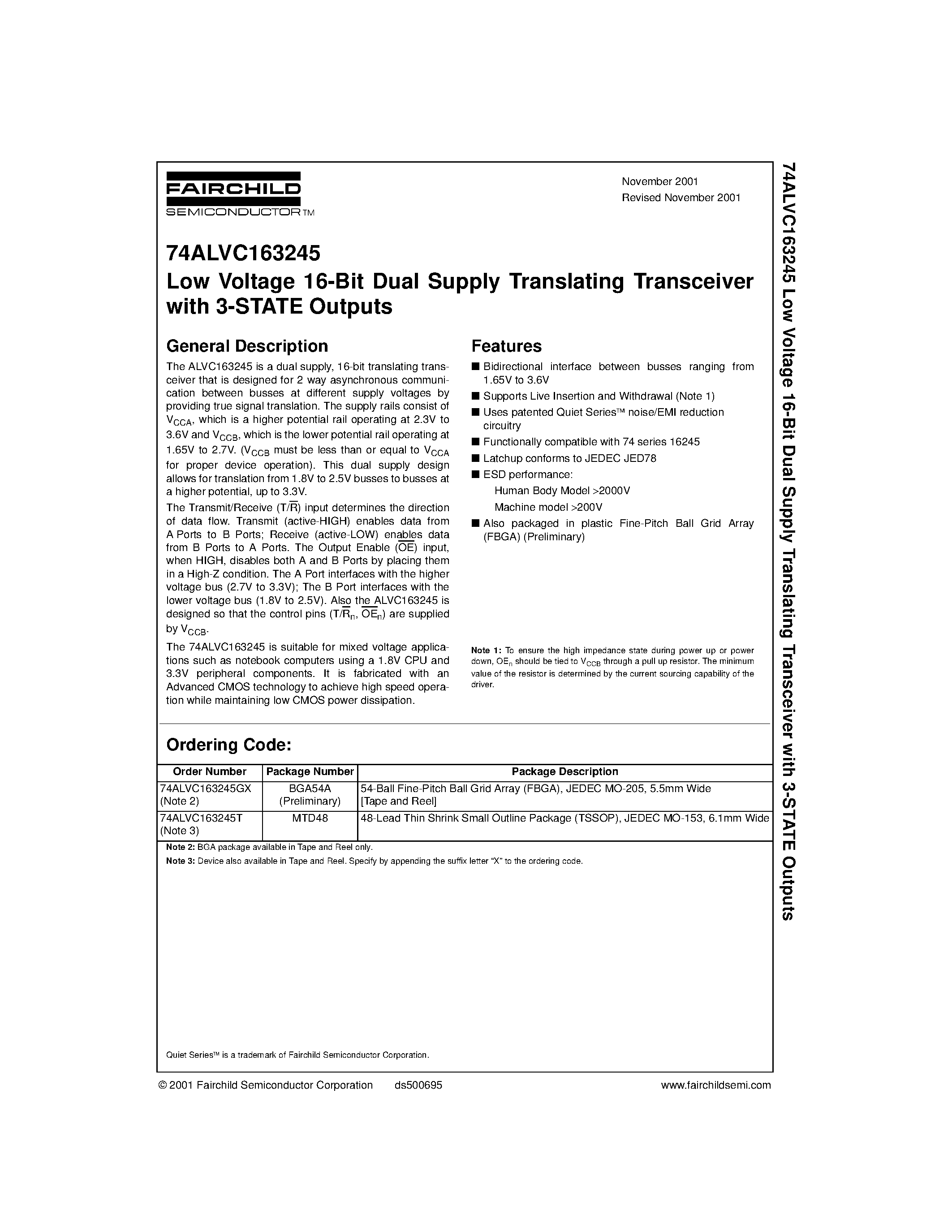 Datasheet 74ALVC163245 page 1 Datasheet 74ALVC163245 - Low Voltage 16-Bit Dual Supply Translating Transceiver with 3-STATE Outputs page 1
