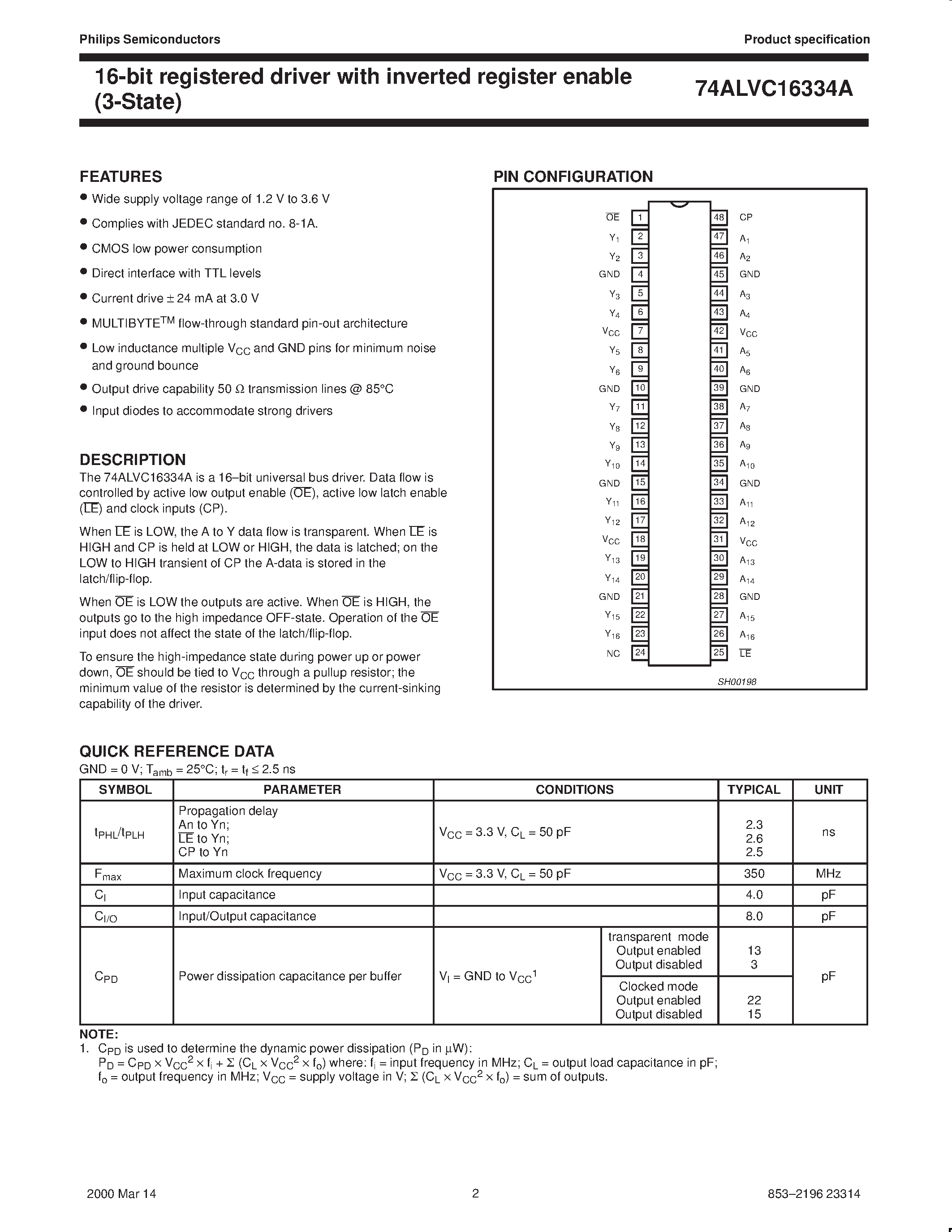 Datasheet 74ALVC16334 - 16-bit registered driver with inverted register enable 3-State page 2