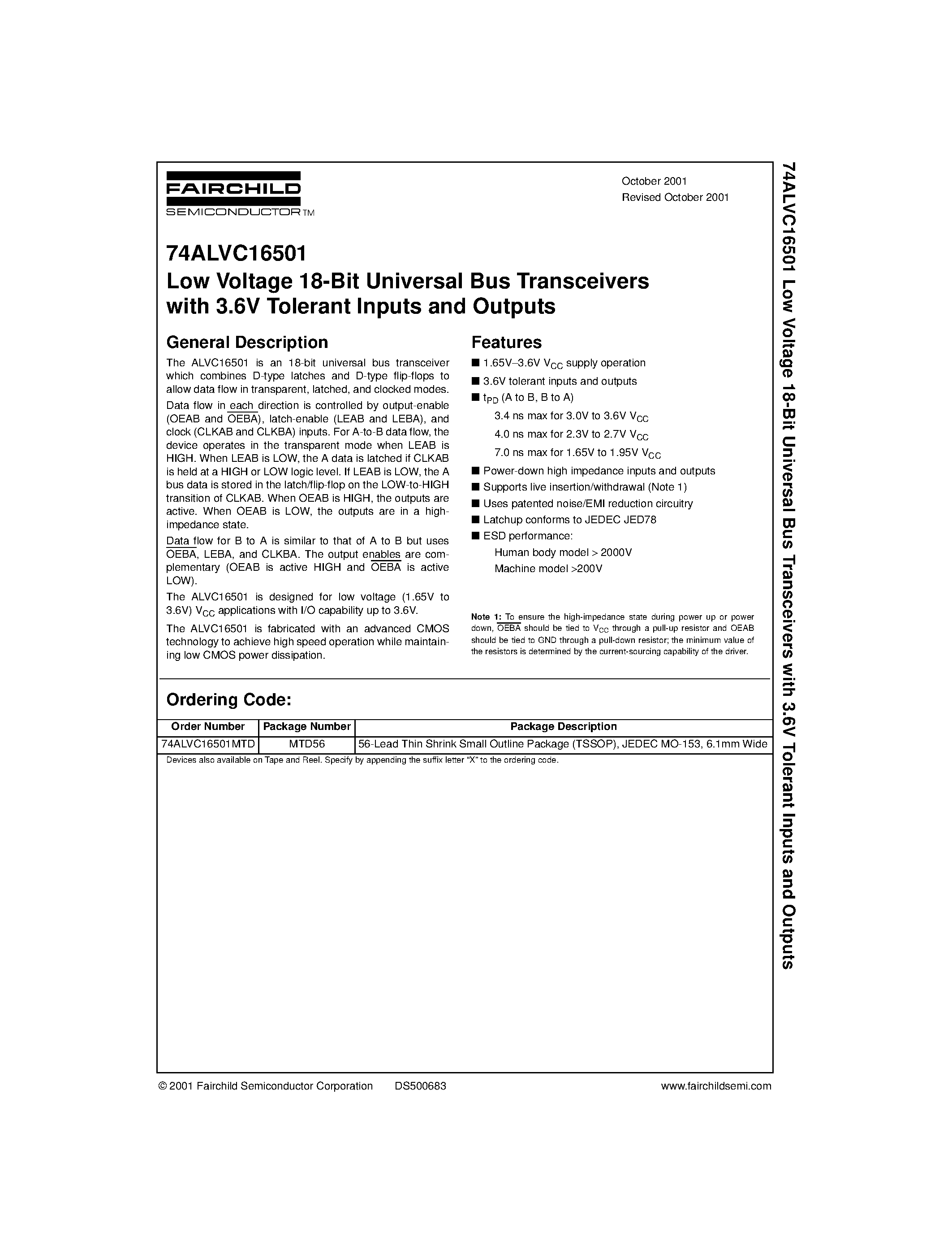 Datasheet 74ALVC16501MTD - Low Voltage 18-Bit Universal Bus Transceivers with 3.6V Tolerant Inputs and Outputs page 1