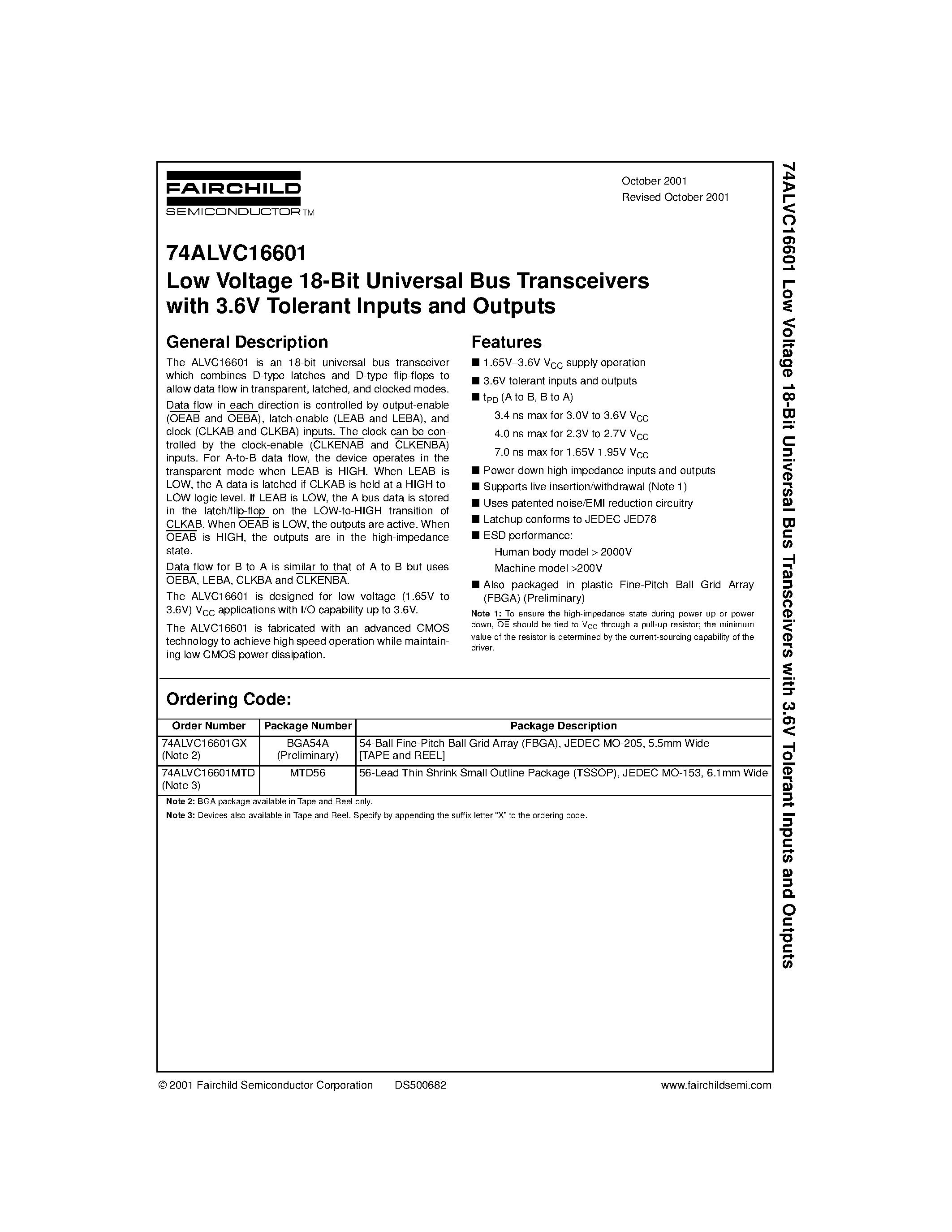 Datasheet 74ALVC16601MTD page 1 Datasheet 74ALVC16601MTD - Low Voltage 18-Bit Universal Bus Transceivers with 3.6V Tolerant Inputs and Outputs page 1