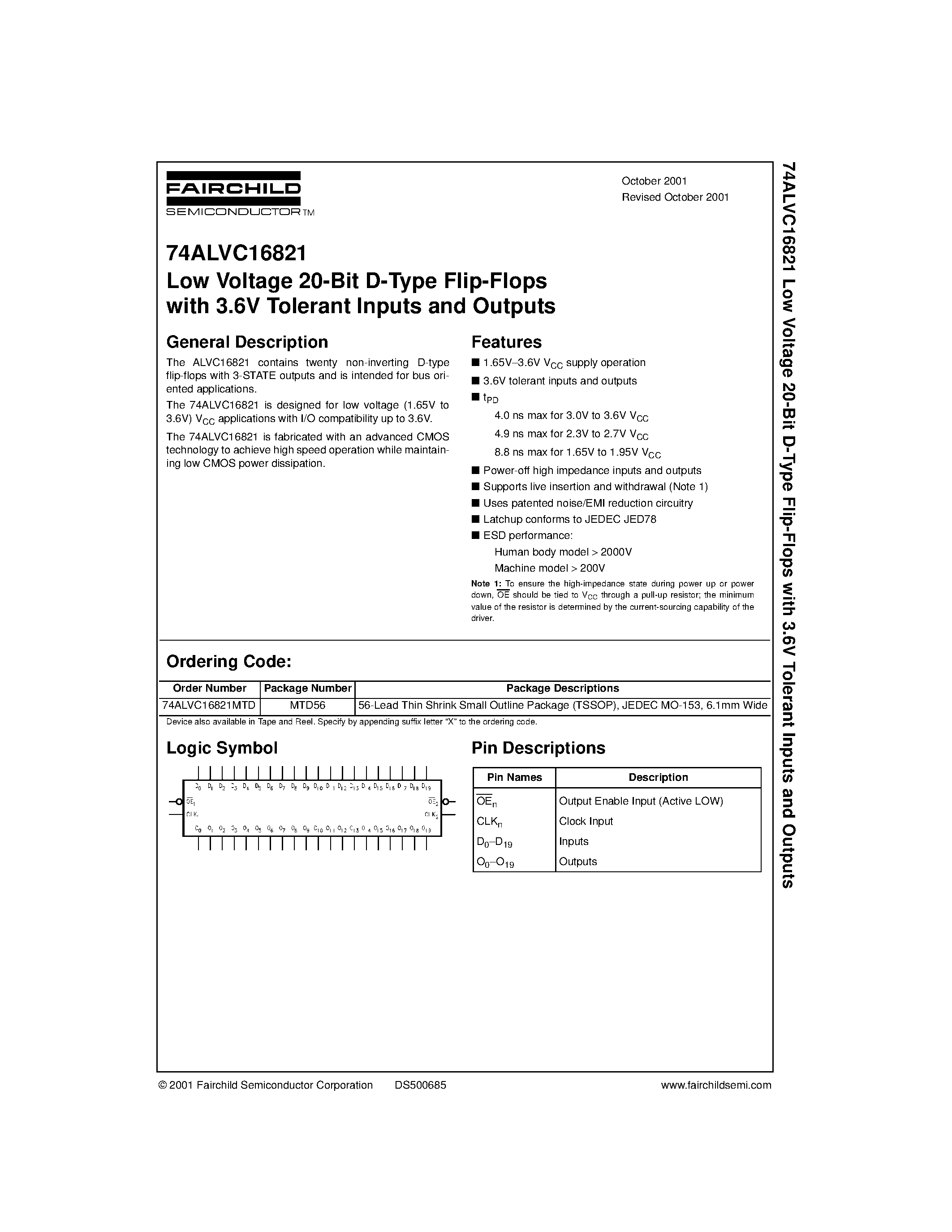 Datasheet 74ALVC16821MTD - Low Voltage 20-Bit D-Type Flip-Flops with 3.6V Tolerant Inputs and Outputs page 1