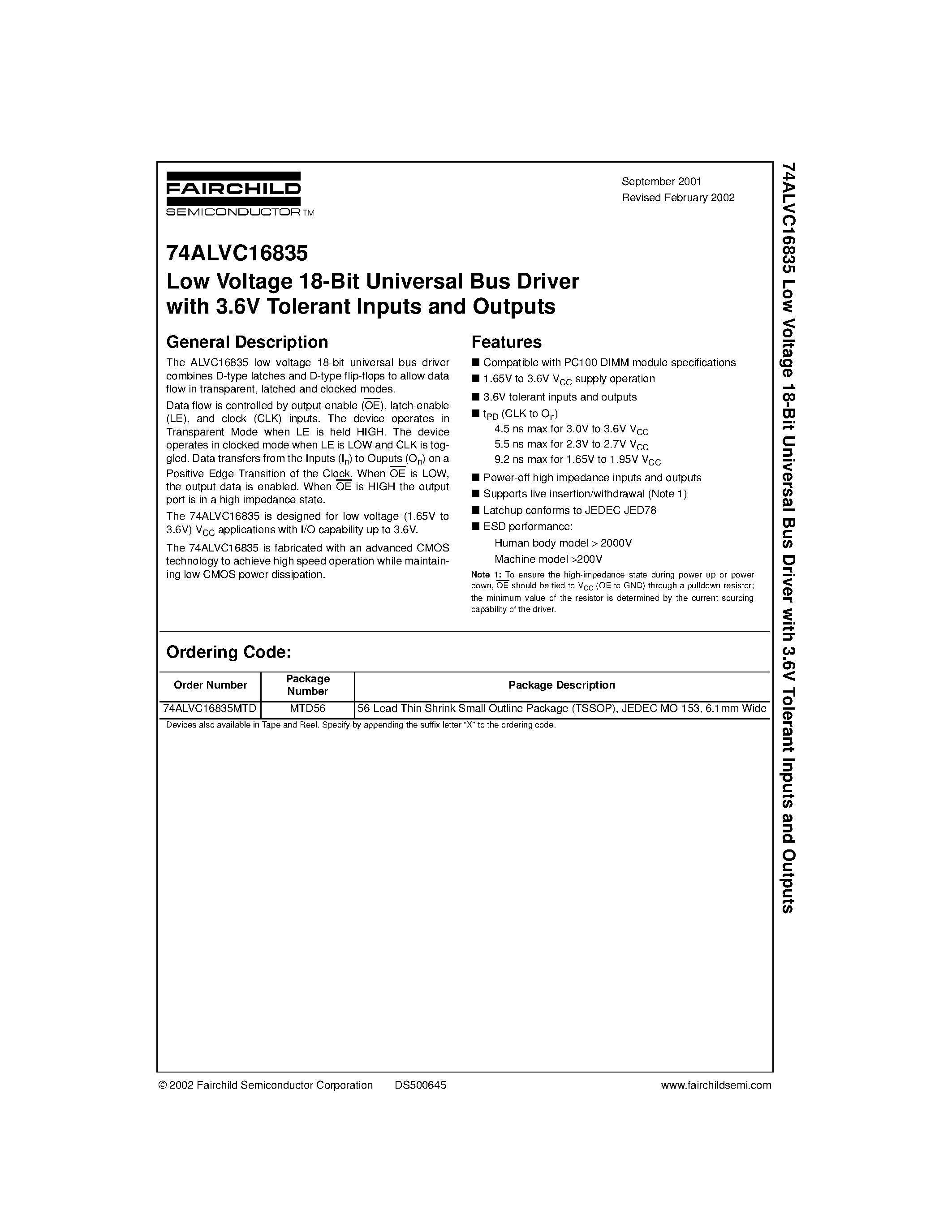 Datasheet 74ALVC16835 page 1 Datasheet 74ALVC16835 - Low Voltage 18-Bit Universal Bus Driver with 3.6V Tolerant Inputs and Outputs page 1