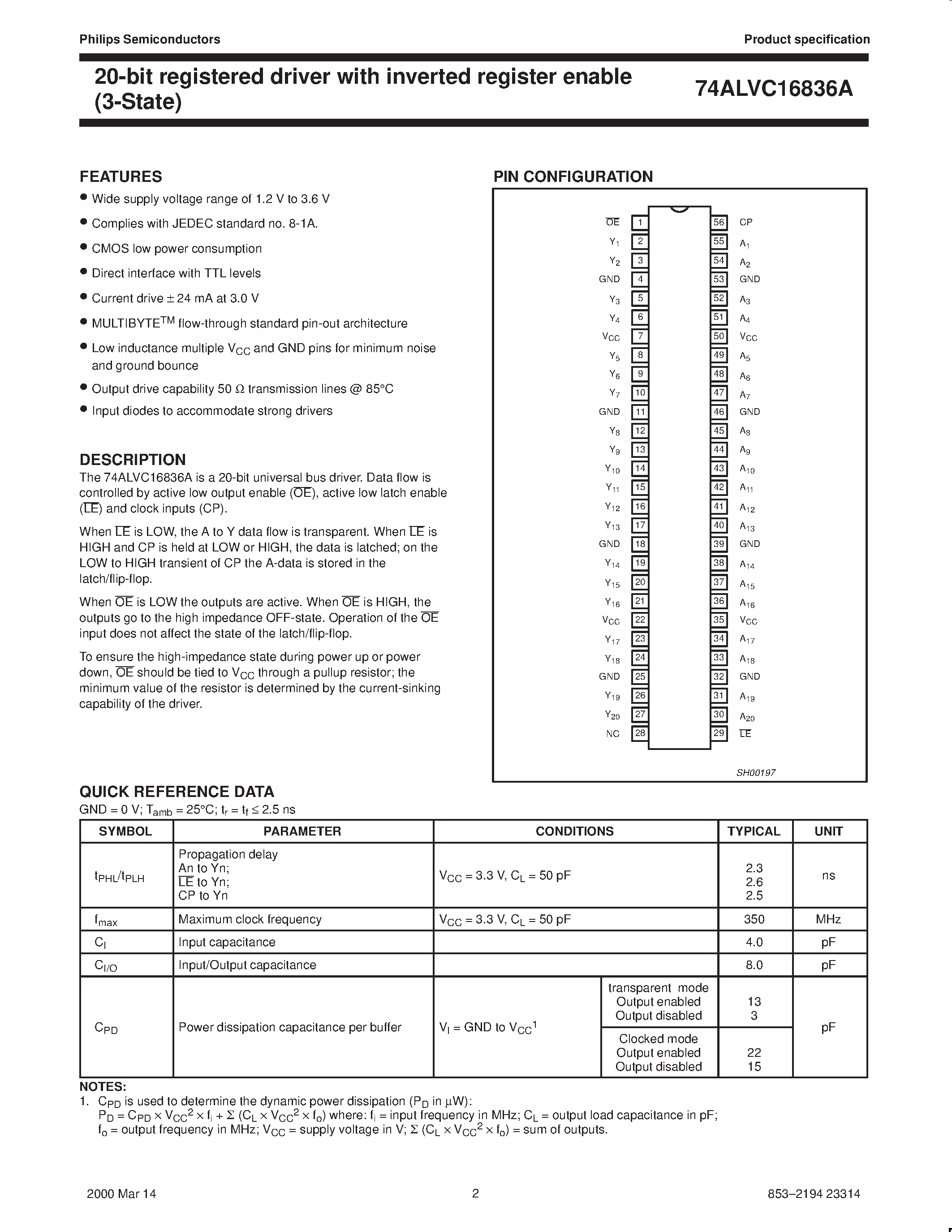 Datasheet 74ALVC16836A - 20-bit registered driver with inverted register enable 3-State page 2