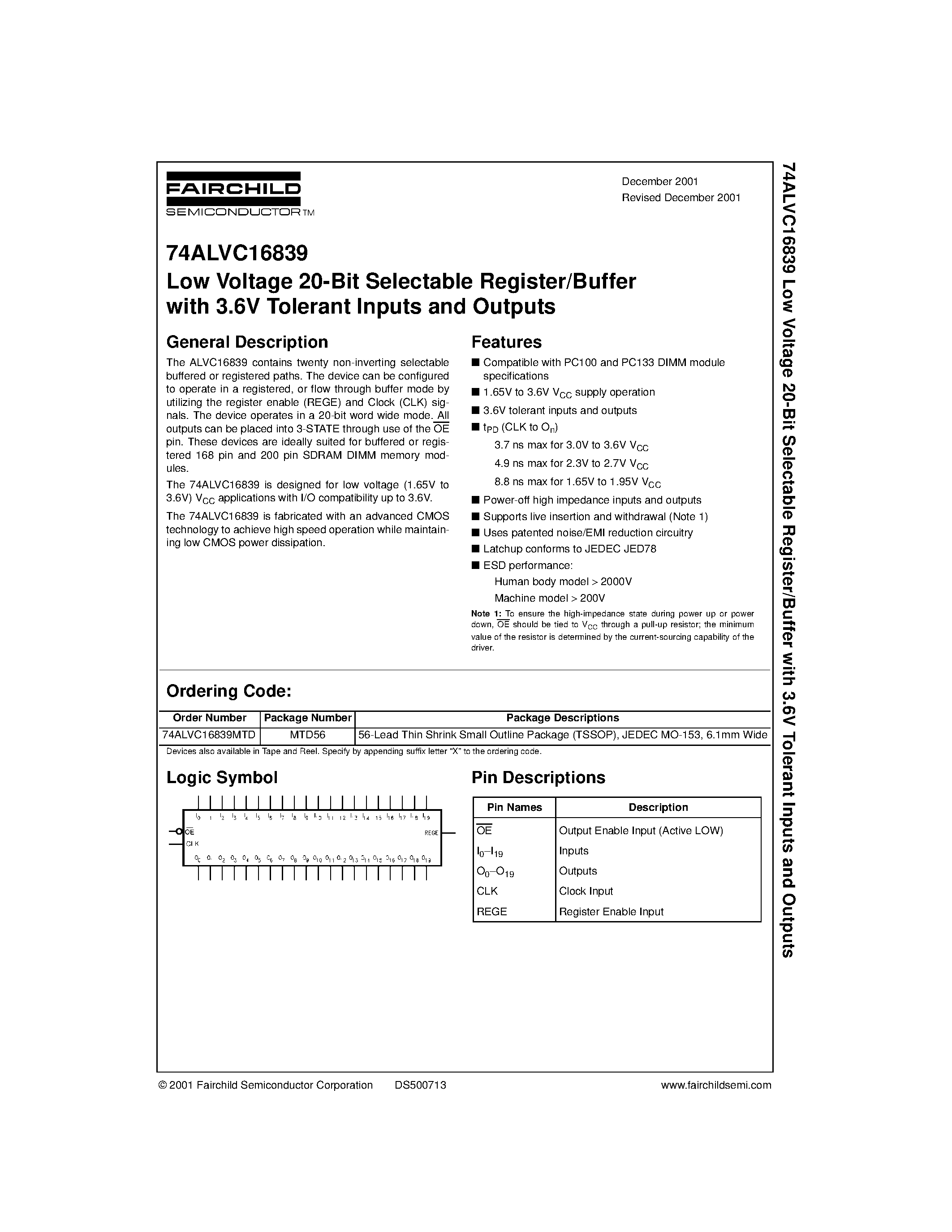 Datasheet 74ALVC16839MTD - Low Voltage 20-Bit Selectable Register/Buffer with 3.6V Tolerant Inputs and Outputs page 1