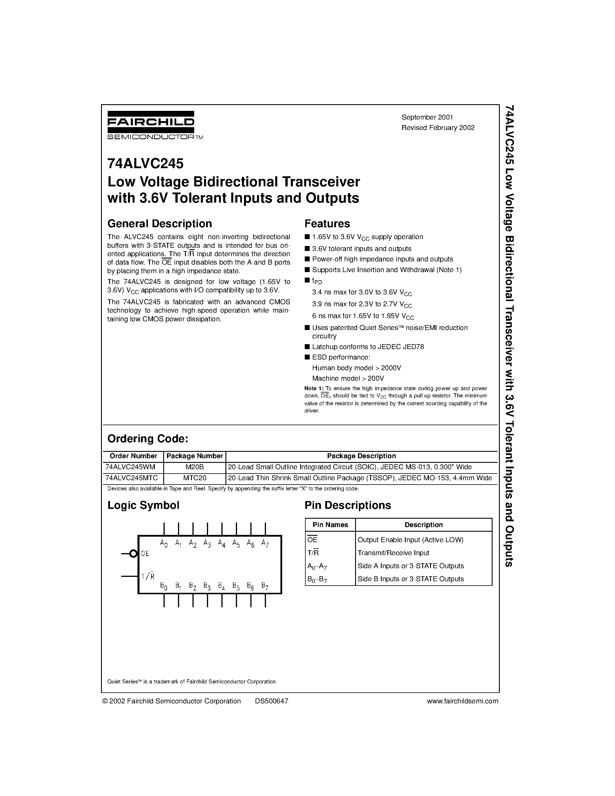 Datasheet 74ALVC245 page 1 Datasheet 74ALVC245 - Low Voltage Bidirectional Transceiver with 3.6V Tolerant Inputs and Outputs page 1