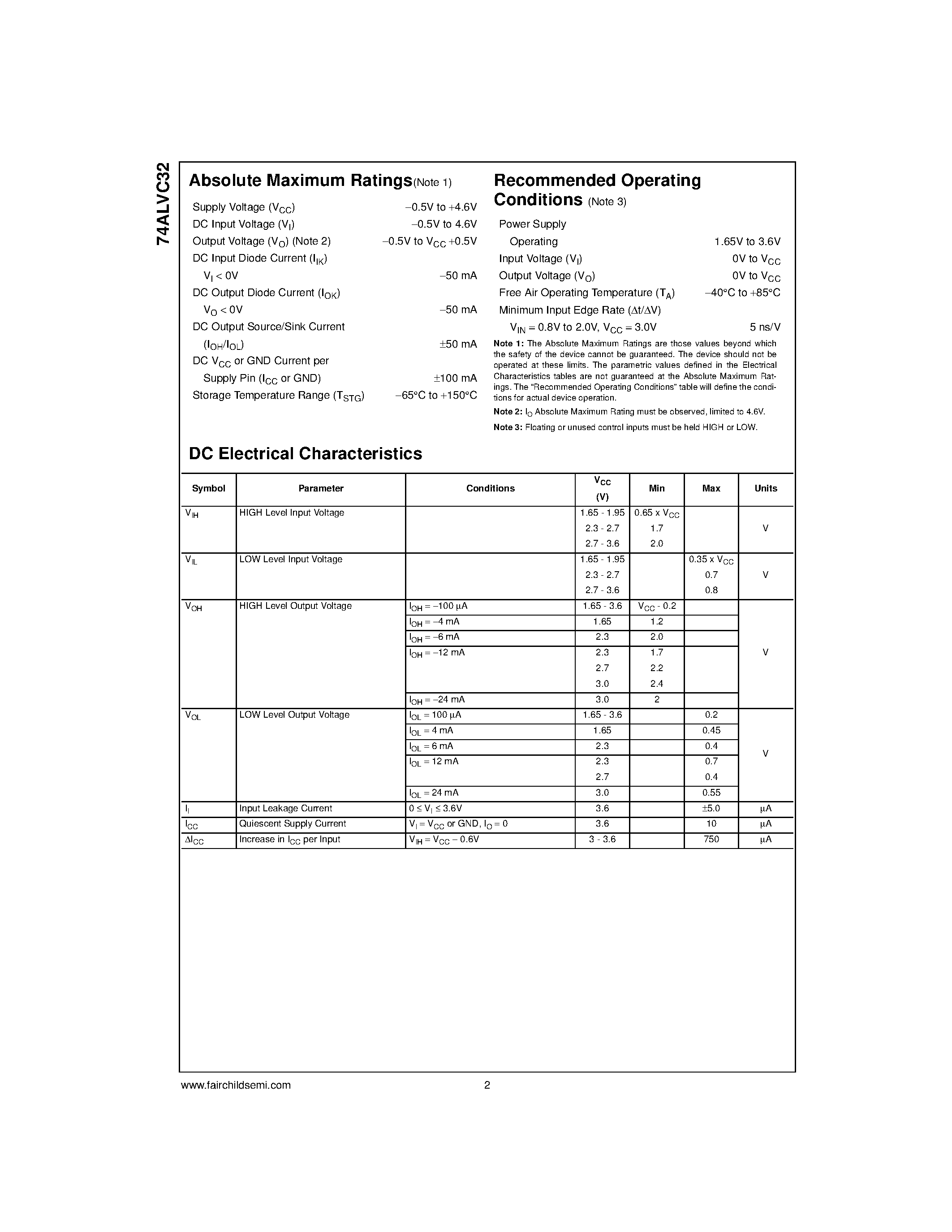 Datasheet 74ALVC32MTC page 2 Datasheet 74ALVC32MTC - Low Voltage Quad 2-Input OR Gate with 3.6V Tolerant Inputs and Outputs page 2