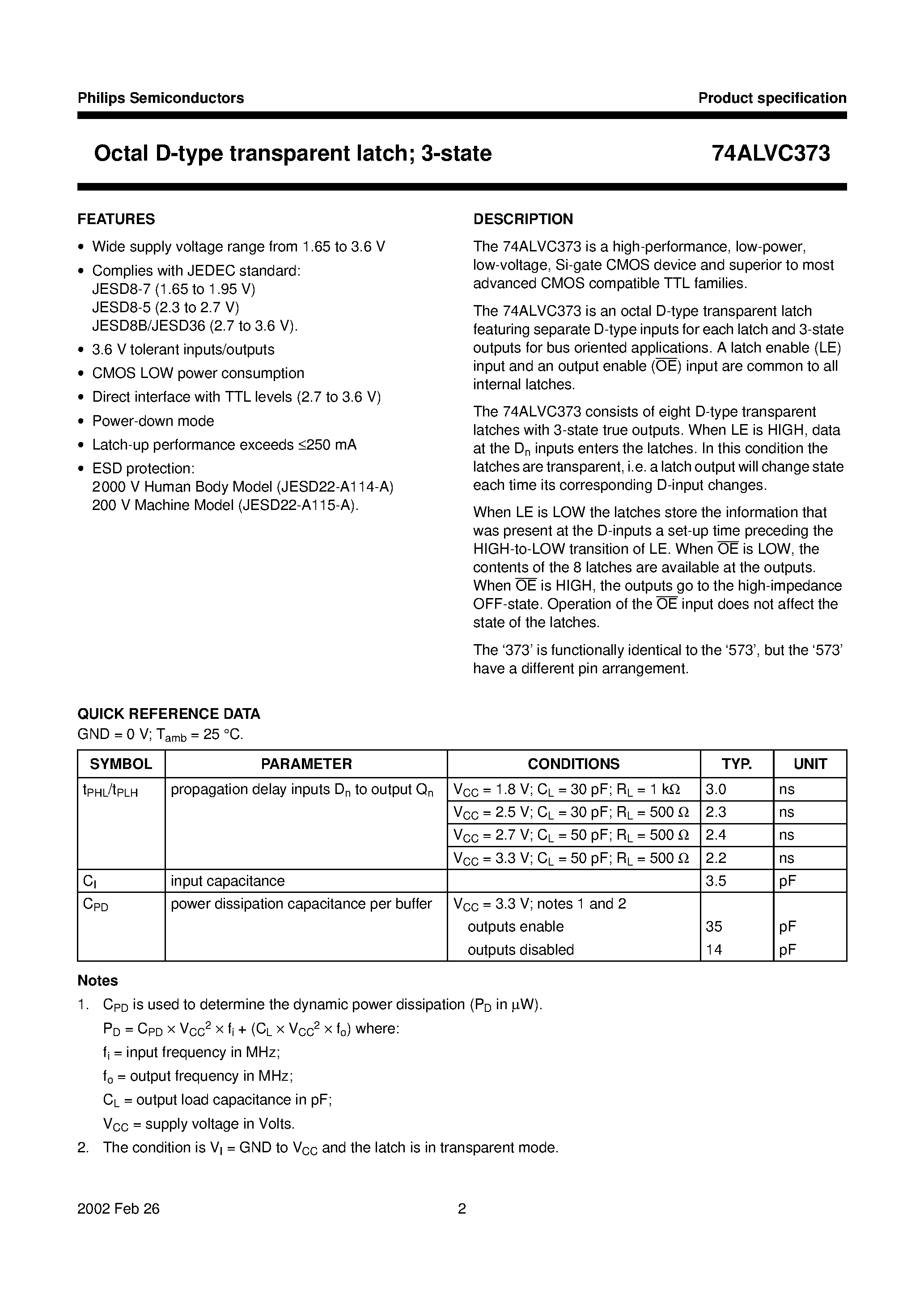 Datasheet 74ALVC373 - Octal D-type transparent latch 3-state page 2