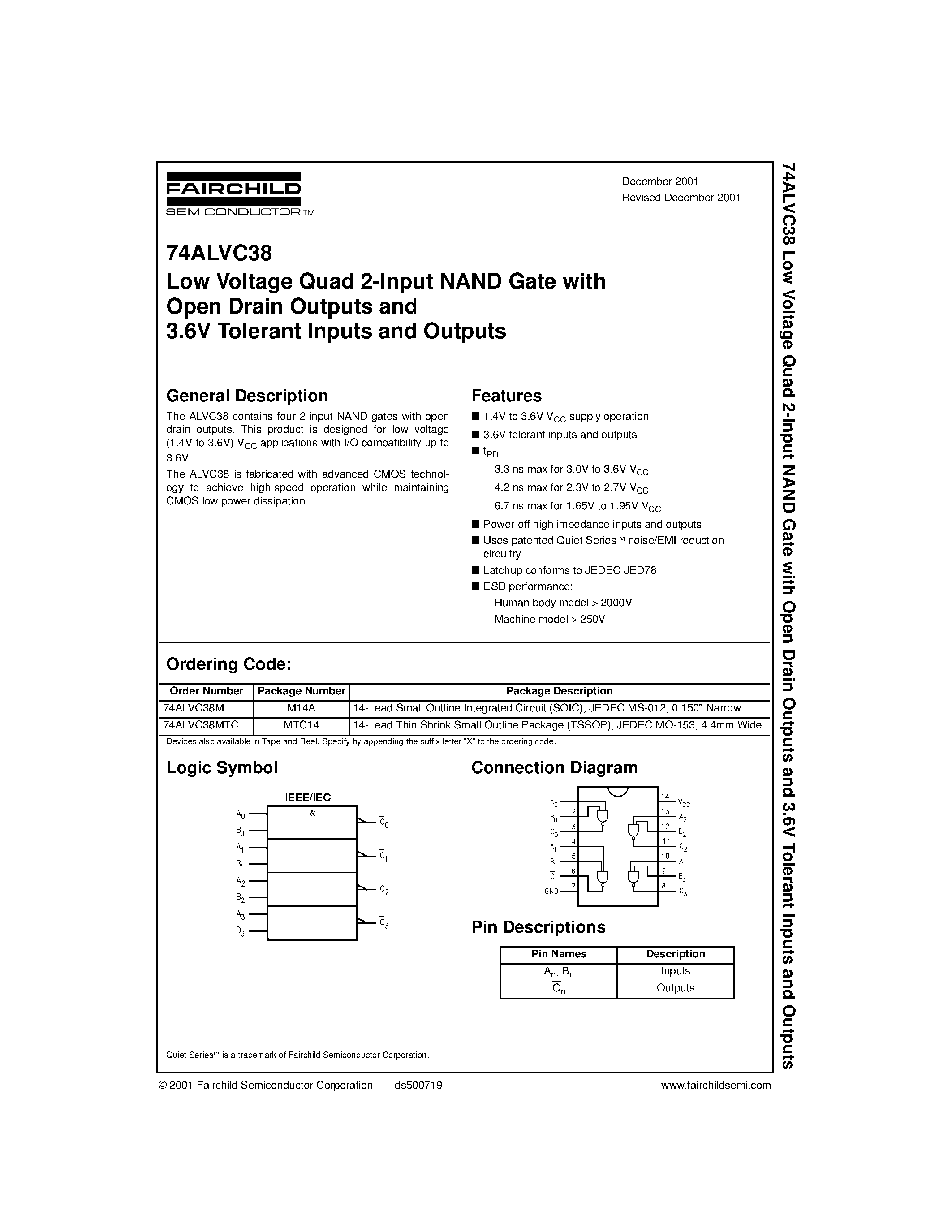 Datasheet 74ALVC38M - Low Voltage Quad 2-Input NAND Gate with Open Drain Outputs and 3.6V Tolerant Inputs and Outputs page 1