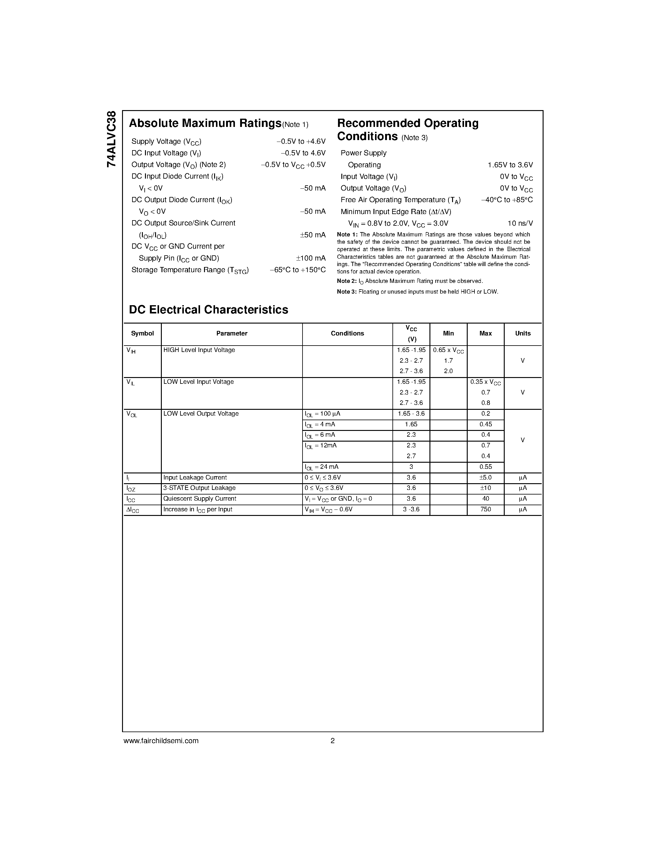 Datasheet 74ALVC38M - Low Voltage Quad 2-Input NAND Gate with Open Drain Outputs and 3.6V Tolerant Inputs and Outputs page 2