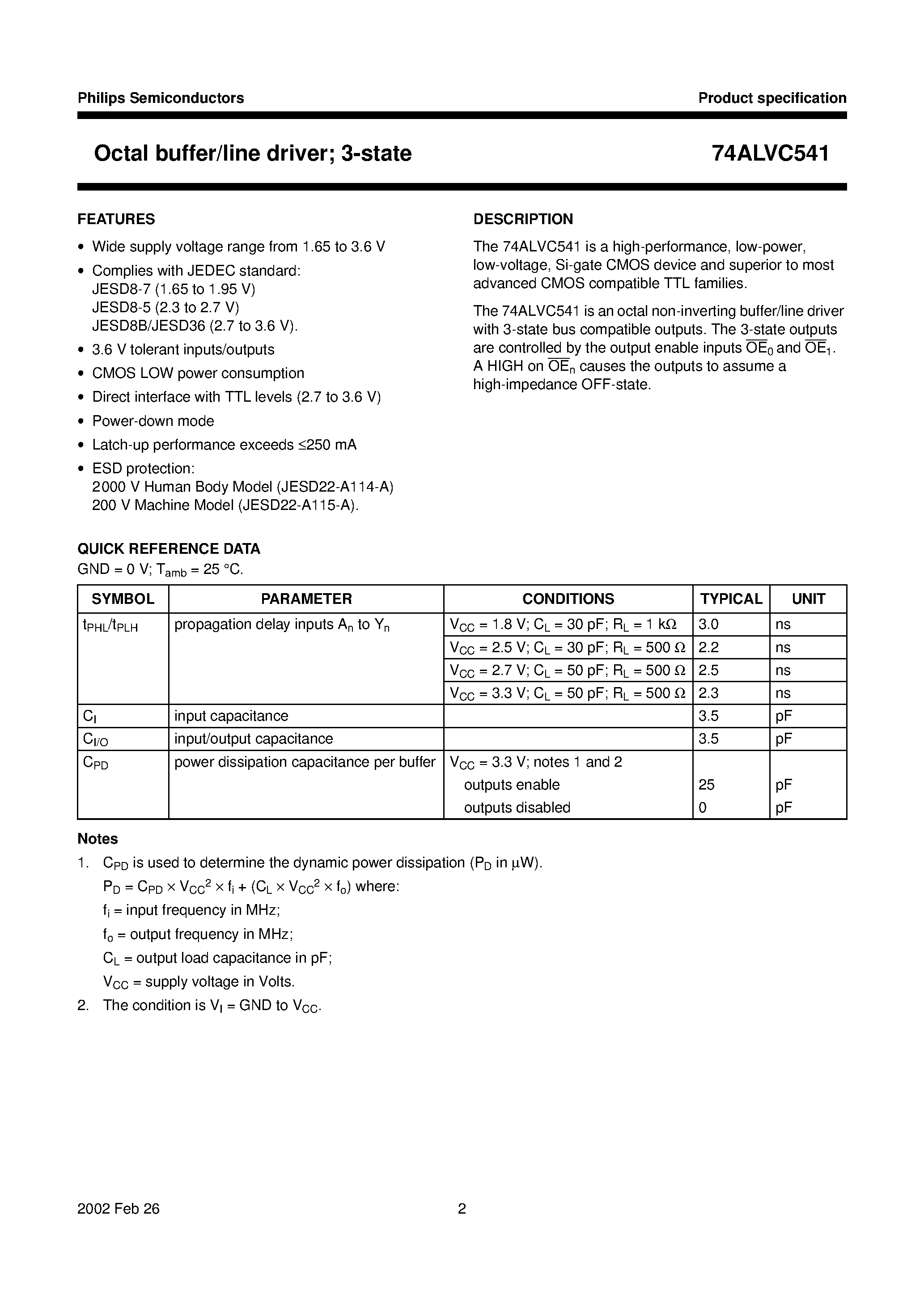 Datasheet 74ALVC541 page 2 Datasheet 74ALVC541 - Octal buffer/line driver; 3-state page 2