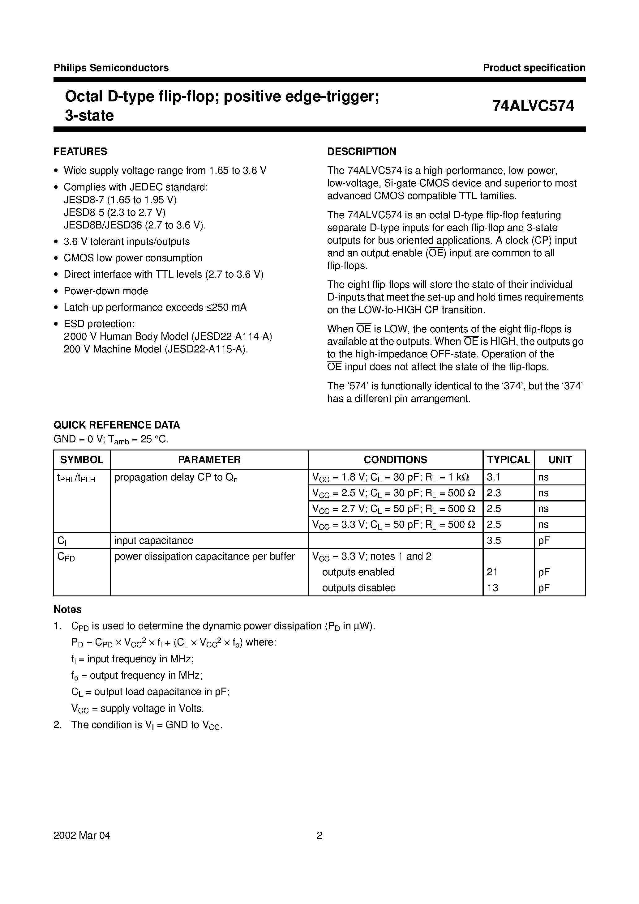 Datasheet 74ALVC574 page 2 Datasheet 74ALVC574 - Octal D-type flip-flop positive edge-trigger 3-state page 2