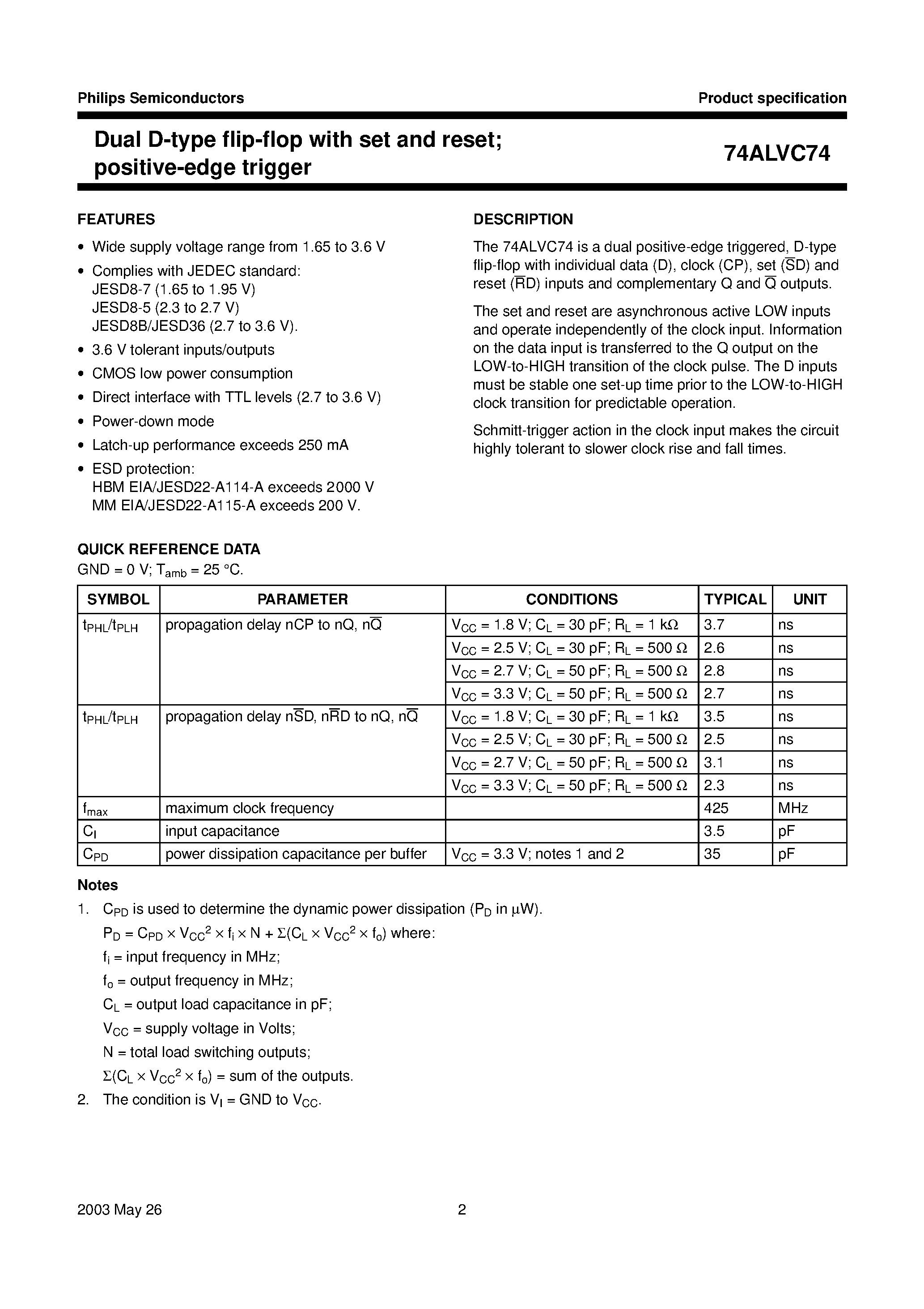 Datasheet 74ALVC74PW page 2 Datasheet 74ALVC74PW - Dual D-type flip-flop with set and reset; positive-edge trigger page 2