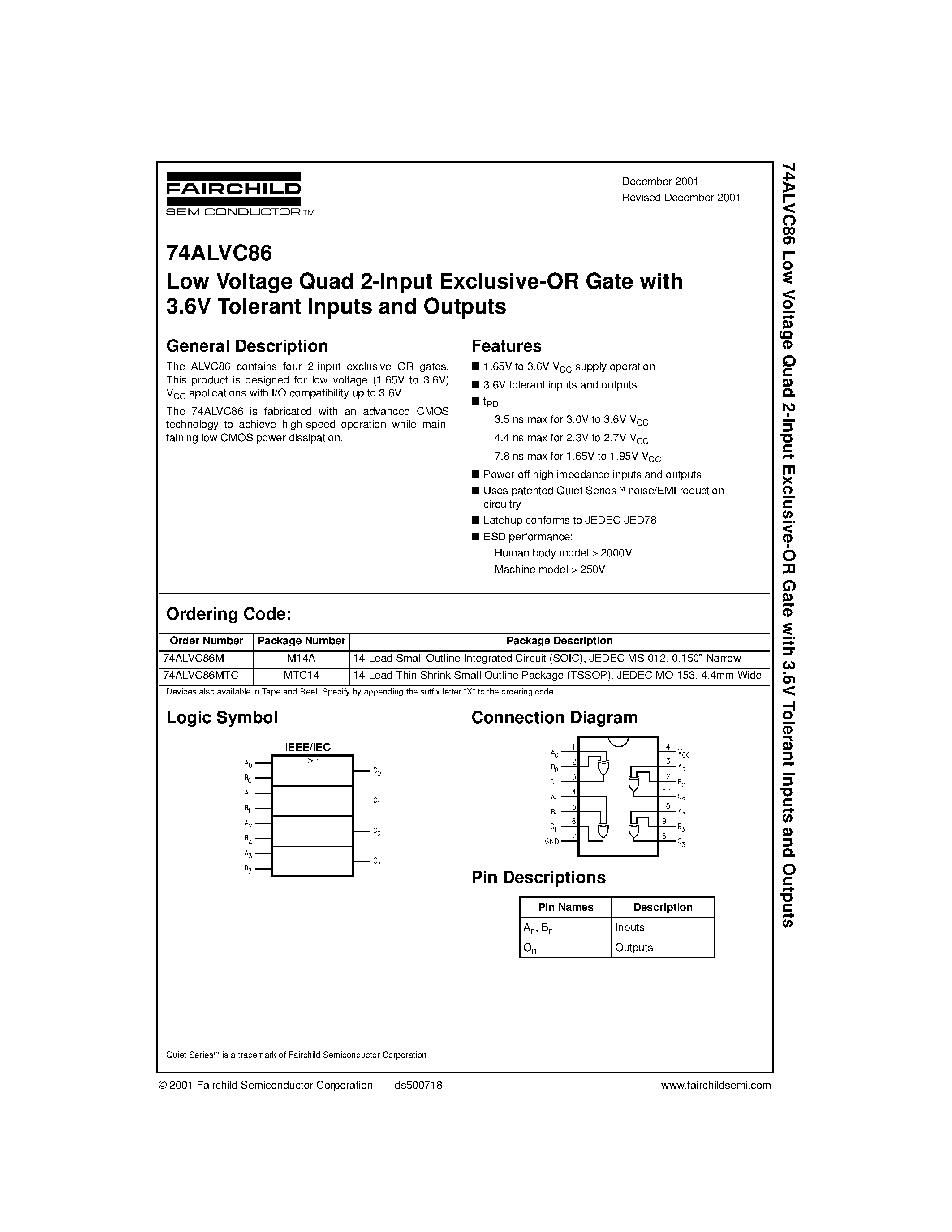 Datasheet 74ALVC86MTC - Low Voltage Quad 2-Input Exclusive-OR Gate with 3.6V Tolerant Inputs and Outputs page 1