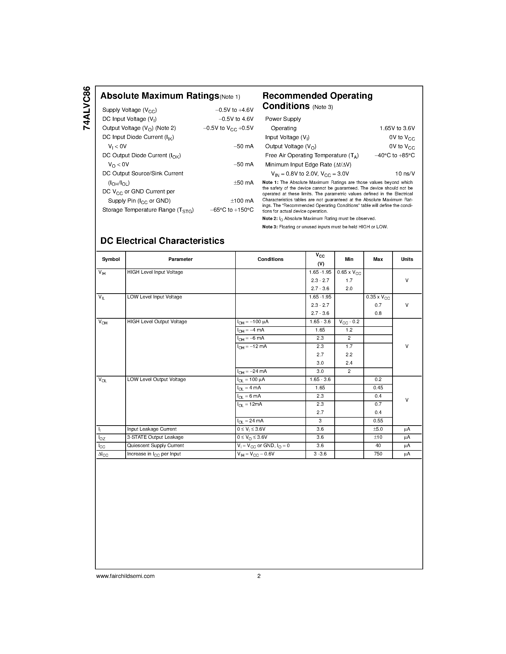 Datasheet 74ALVC86MTC - Low Voltage Quad 2-Input Exclusive-OR Gate with 3.6V Tolerant Inputs and Outputs page 2