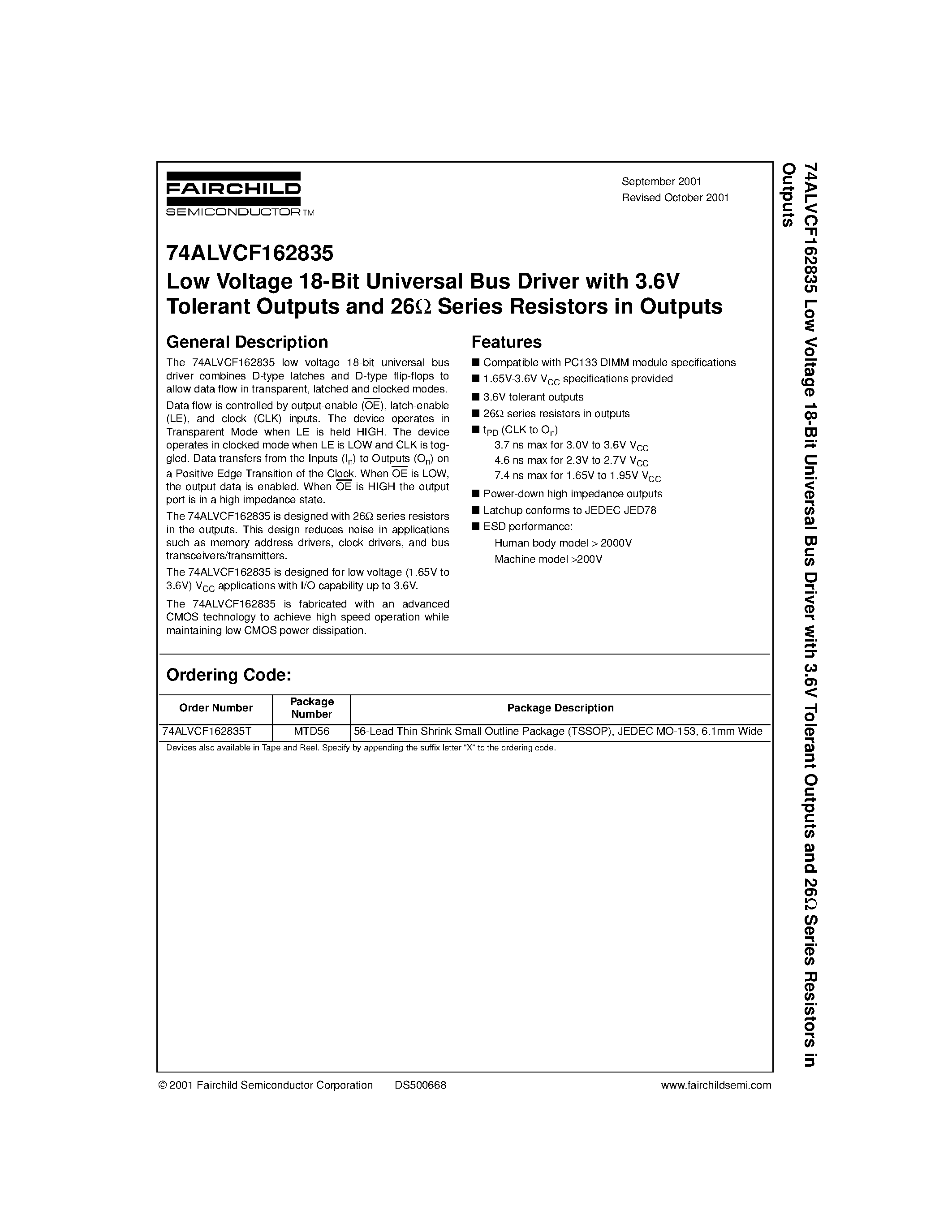 Datasheet 74ALVCF162835T - Low Voltage 18-Bit Universal Bus Driver with 3.6V Tolerant Outputs and 26 Series Resistors in Outputs page 1
