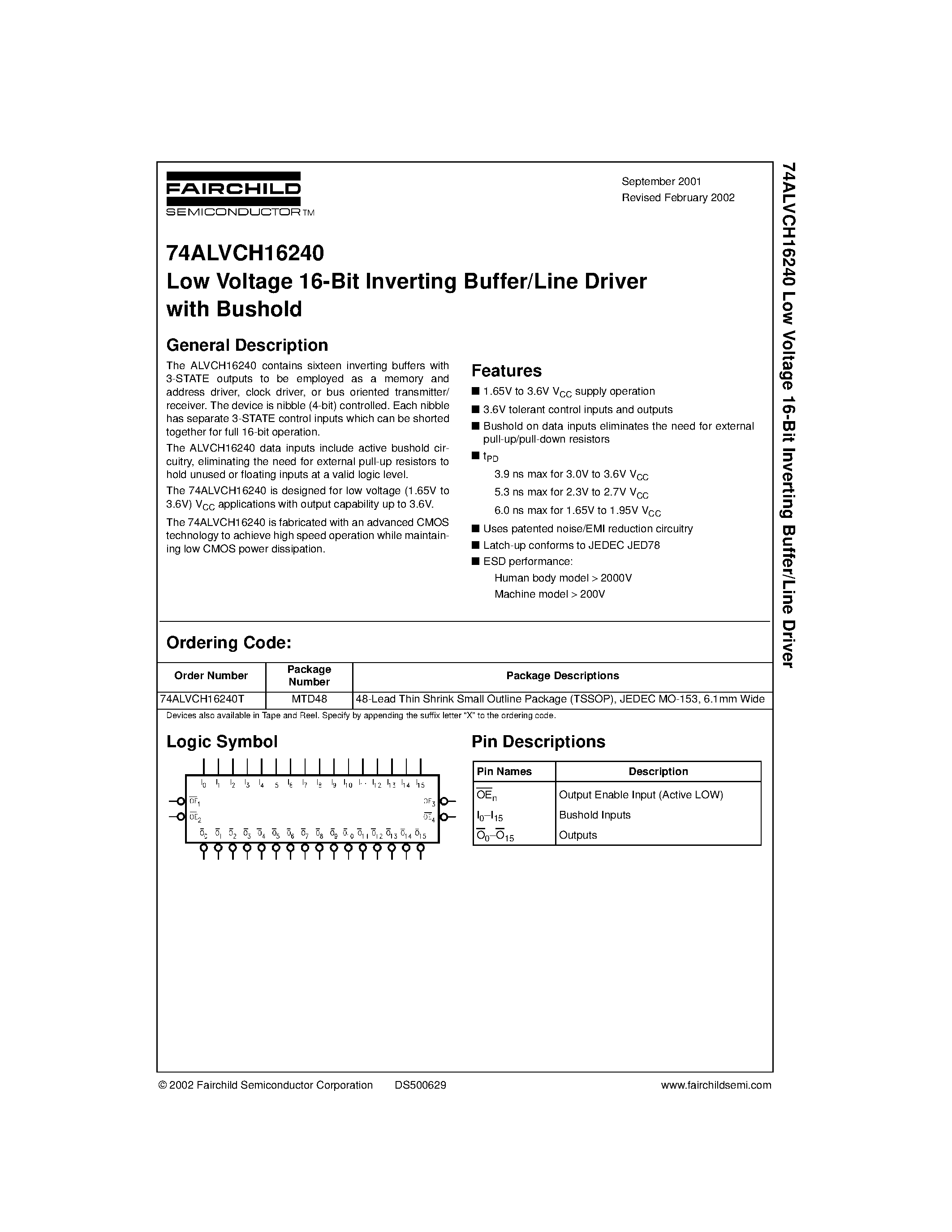 Datasheet 74ALVCH16240 - Low Voltage 16-Bit Inverting Buffer/Line Driver with Bushold page 1
