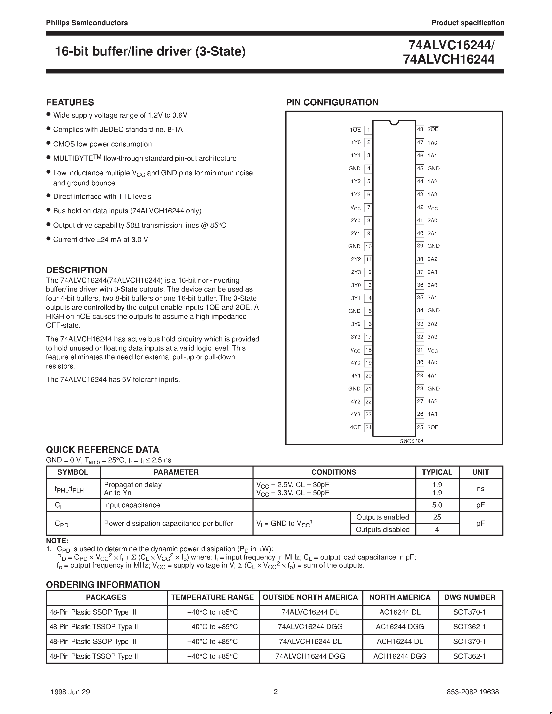 Даташит на микросхему 74ALVCH16244 страница 2 Даташит 74ALVCH16244 - 2.5V/3.3V 16-bit buffer/line driver 3-State страница 2